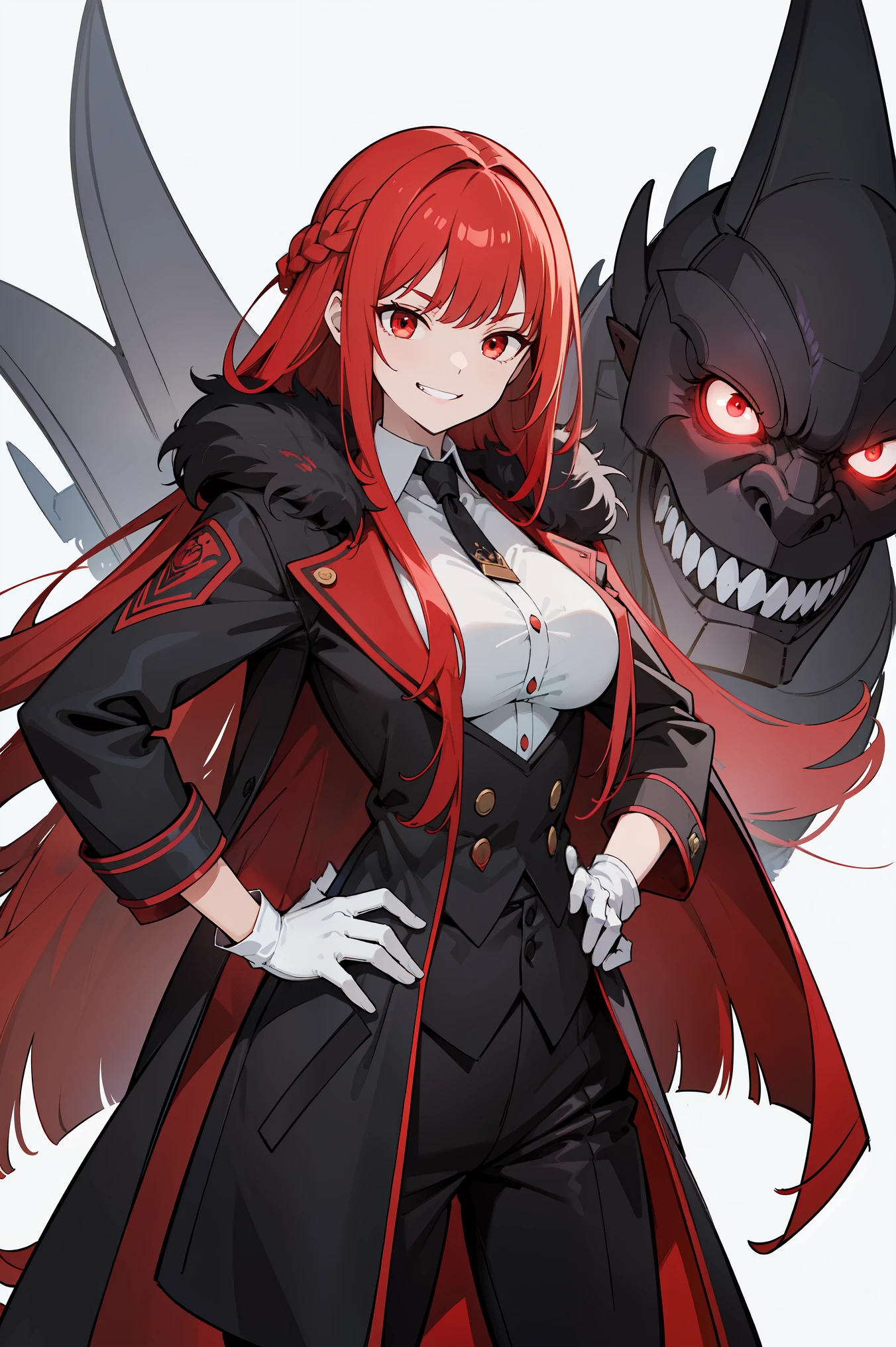 masterpiece, best quality, ultra high quality, high quality illustration, 1girl, solo, crimson red hair, very long hair, french braid, single sidelock, red eyes, glowing eyes, medium breasts, mature girl, grin, evil smile, shaded face, evil face, mischievous, coat on shoulders, fur overcoat, black coat, white shirt, (gloves), looking at viewer, ((single hand on hip)), (glowing light), white background, simple background 