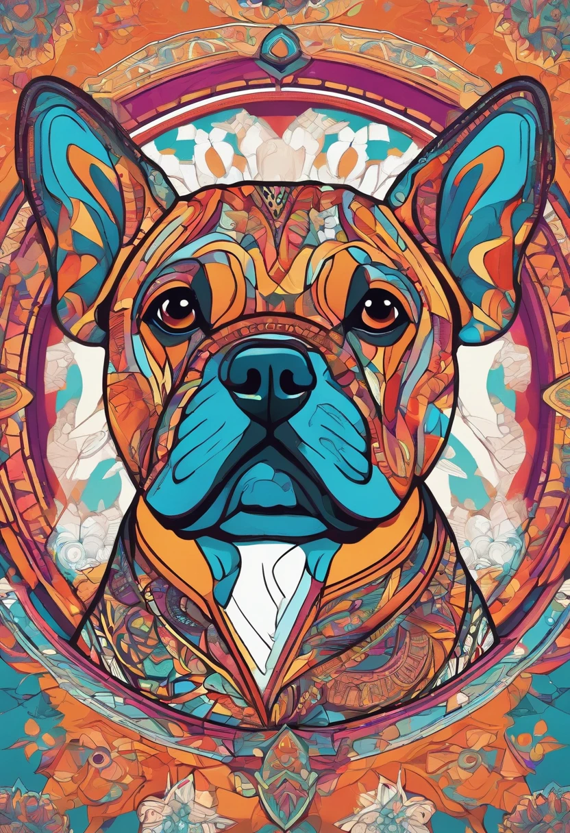 Bright color painting of a mandala with a simple and cute Bulldog dog motif
