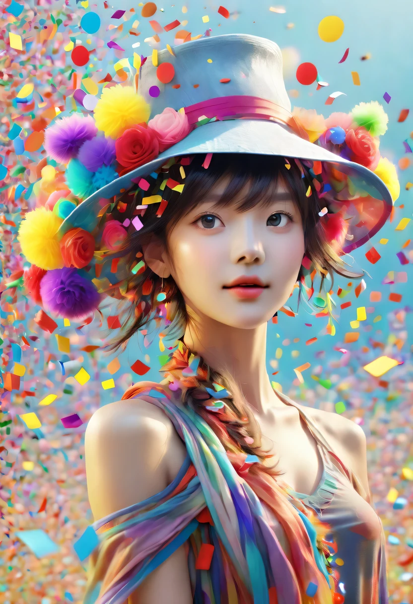 (Beautiful girl wearing confetti hat:1.4)，(Colored confetti:1.5)，Colored confetti flying in the sky，Floating confetti fills the sky，scattered in the garden，hyper detailed masterpiece, Dynamic, good quality,Floating Extra Large Ethereal Colorful Heart DonMW15pXL