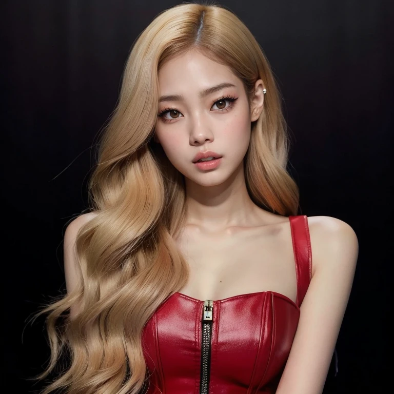 Un primer plano de una mujer con cabello largo y rubio con un vestido rojo, portrait of Jossi de Blackpink, Blackpink Jennie, wlop piel brillante, Modelo IG | Artgerm, Retrato Jisoo Blackpink, Render de abril, Parque Roseanne de Blackpink, Lalisa Manobal, Jossi de Blackpink, realistic artistic style, Lalisa Manoban de Blackpink