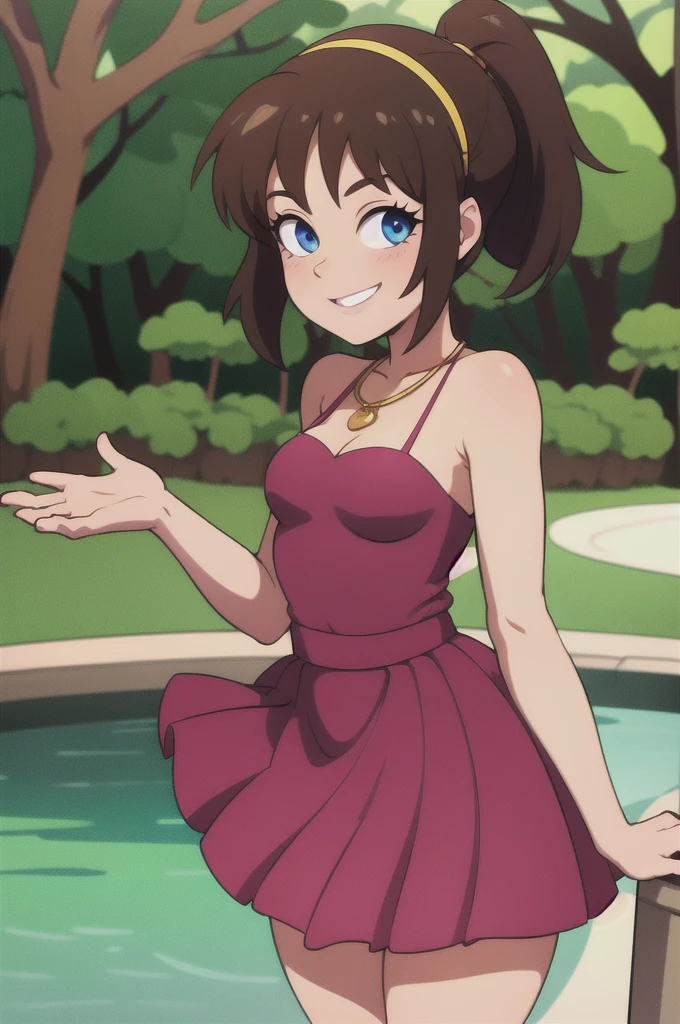 1 girl, solo, brown hair, medium hair, ponytail, pink Hairband, blue eyes, bare arms, pink maxi dress, little pink dress, golden necklace, smile, cowboy shot, standing at a bridge, close-up-view, intricate details, sharp focus, high resolution, the background of beautiful flower park with trees and canals, beautiful sunny day, anime, masterpiece, very high resolution.