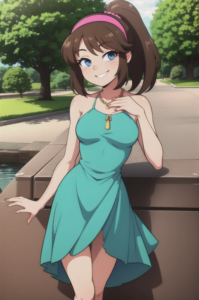 1 girl, solo, brown hair, medium hair, ponytail, pink Hairband, blue eyes, bare arms, pink maxi dress, little pink dress, golden necklace, smile, cowboy shot, standing at a bridge, close-up-view, intricate details, sharp focus, high resolution, the background of beautiful flower park with trees and canals, beautiful sunny day, anime, masterpiece, very high resolution.