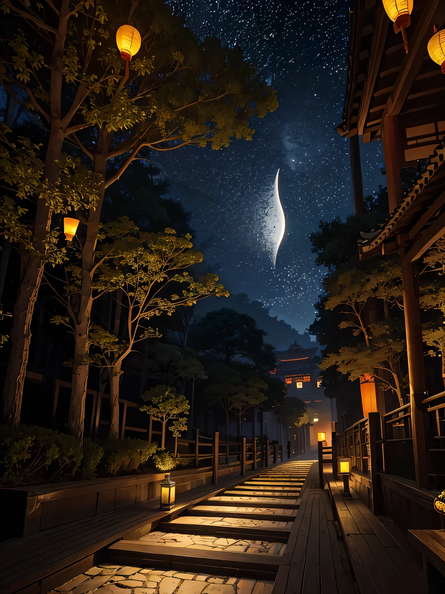 official art, ancient China, Ancient streets, (Lots of fireflies), (night), (moon), light, beautiful scenery, spectacular scenery, Realistic light, masterpiece, high quality, beautiful graphics, high detail , global illumination, Unreal Engine Rendering, octane rendering, (HDR: 1.3)