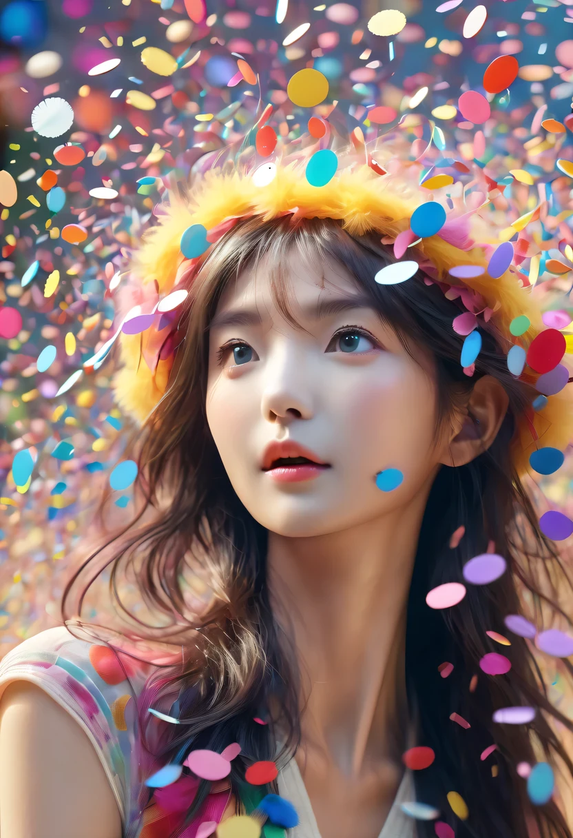 (Beautiful girl wearing confetti hat:1.4),(Colored confetti:1.5),Colored confetti flying in the sky,Floating confetti fills the sky,scattered in the garden,hyper detailed masterpiece, Dynamic, good quality,Floating Extra Large Ethereal Colorful Heart DonMW15pXL