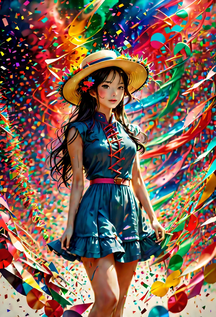 (Beautiful girl wearing confetti straw hat:1.4)，(Colored confetti:1.5)，Colored confetti flying in the sky，Floating confetti fills the sky，in scraps of paper，hyper detailed masterpiece, Dynamic, good quality,Floating Extra Large Ethereal Colorful Heart DonMW15pXL