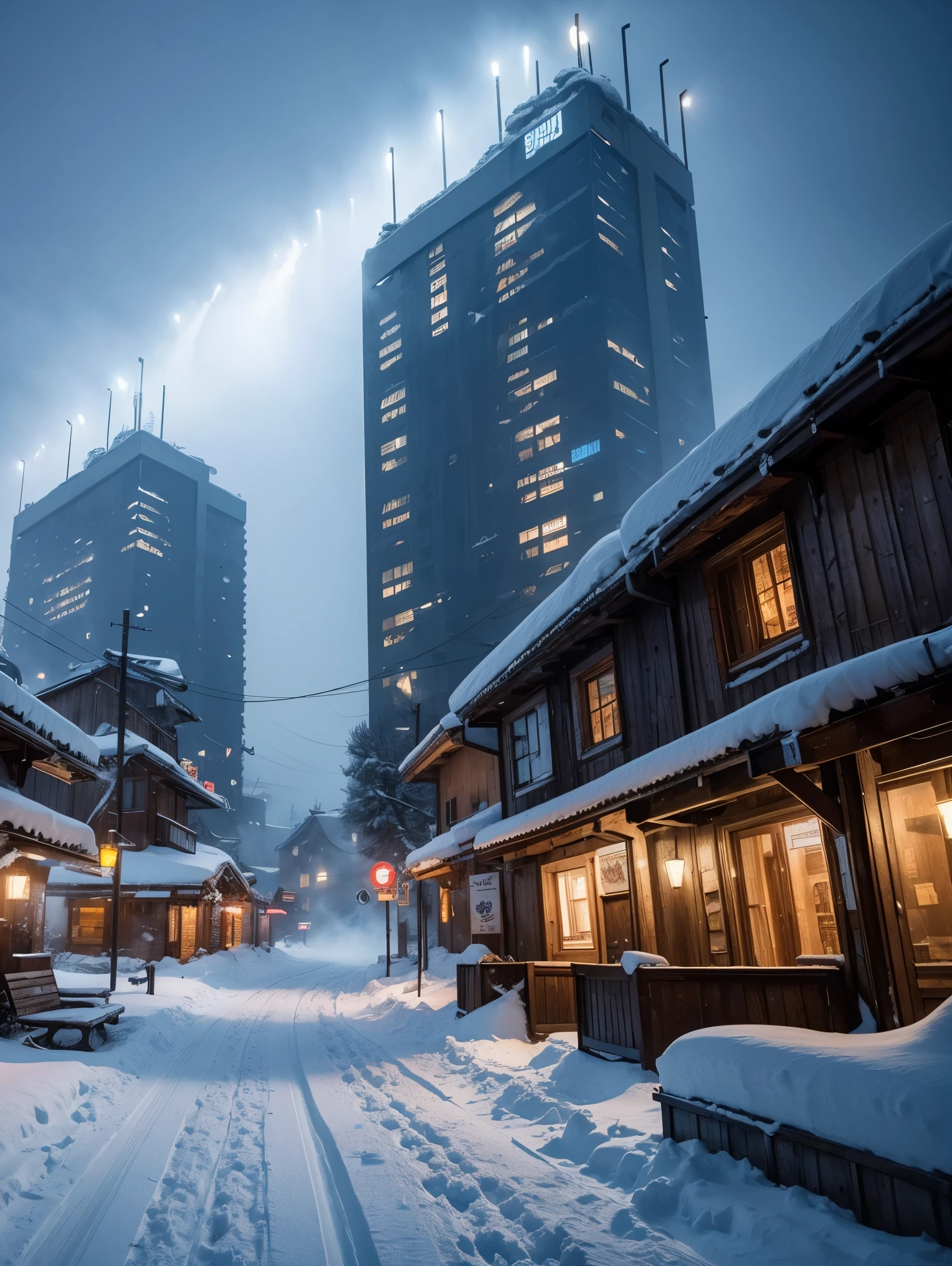 Snowy cyberpunk village. Heavy snow storm. Masterpiece. UHD. National geographic style.