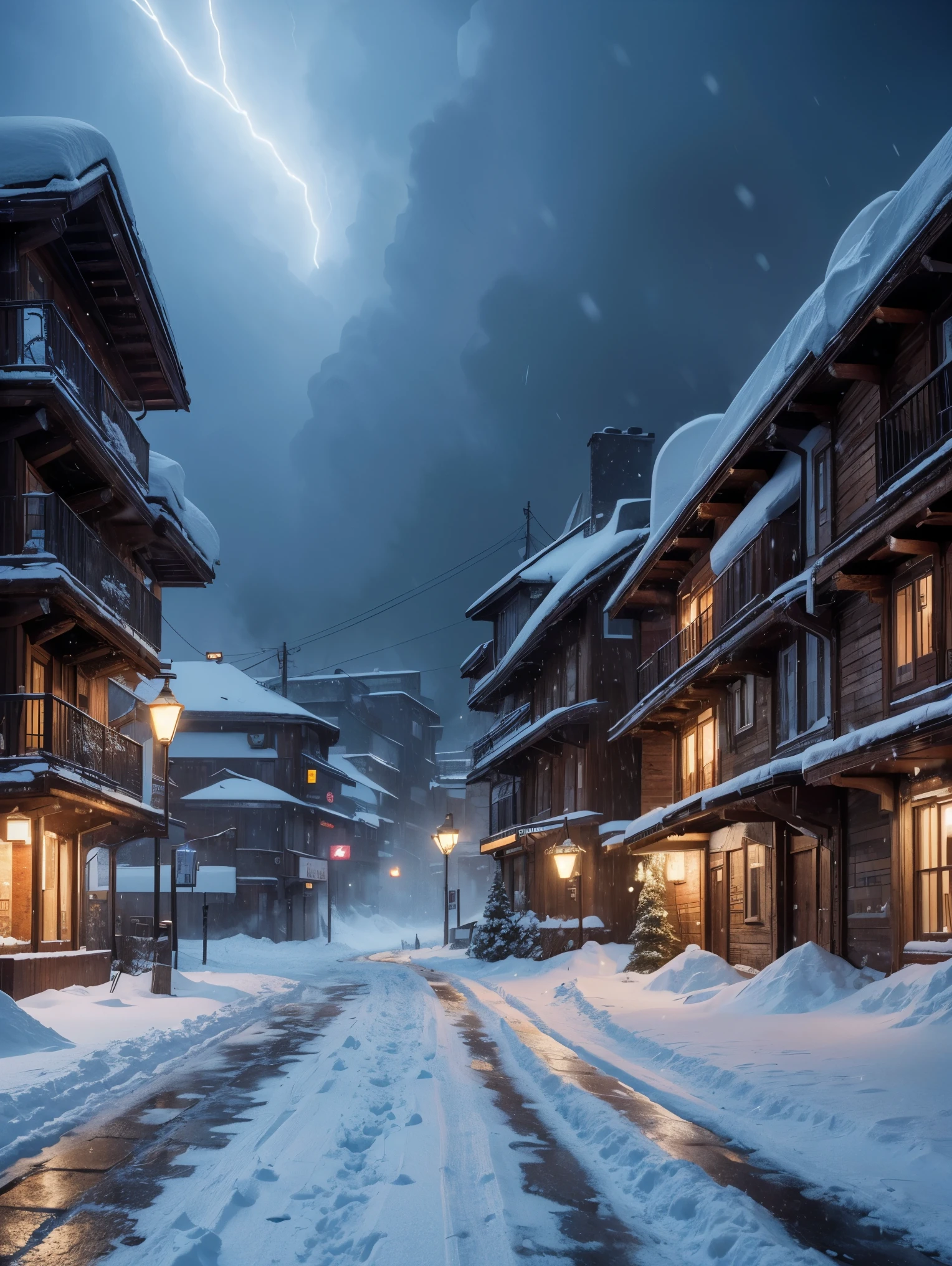 Snowy cyberpunk village. Heavy snow storm. Masterpiece. UHD. National geographic style.
