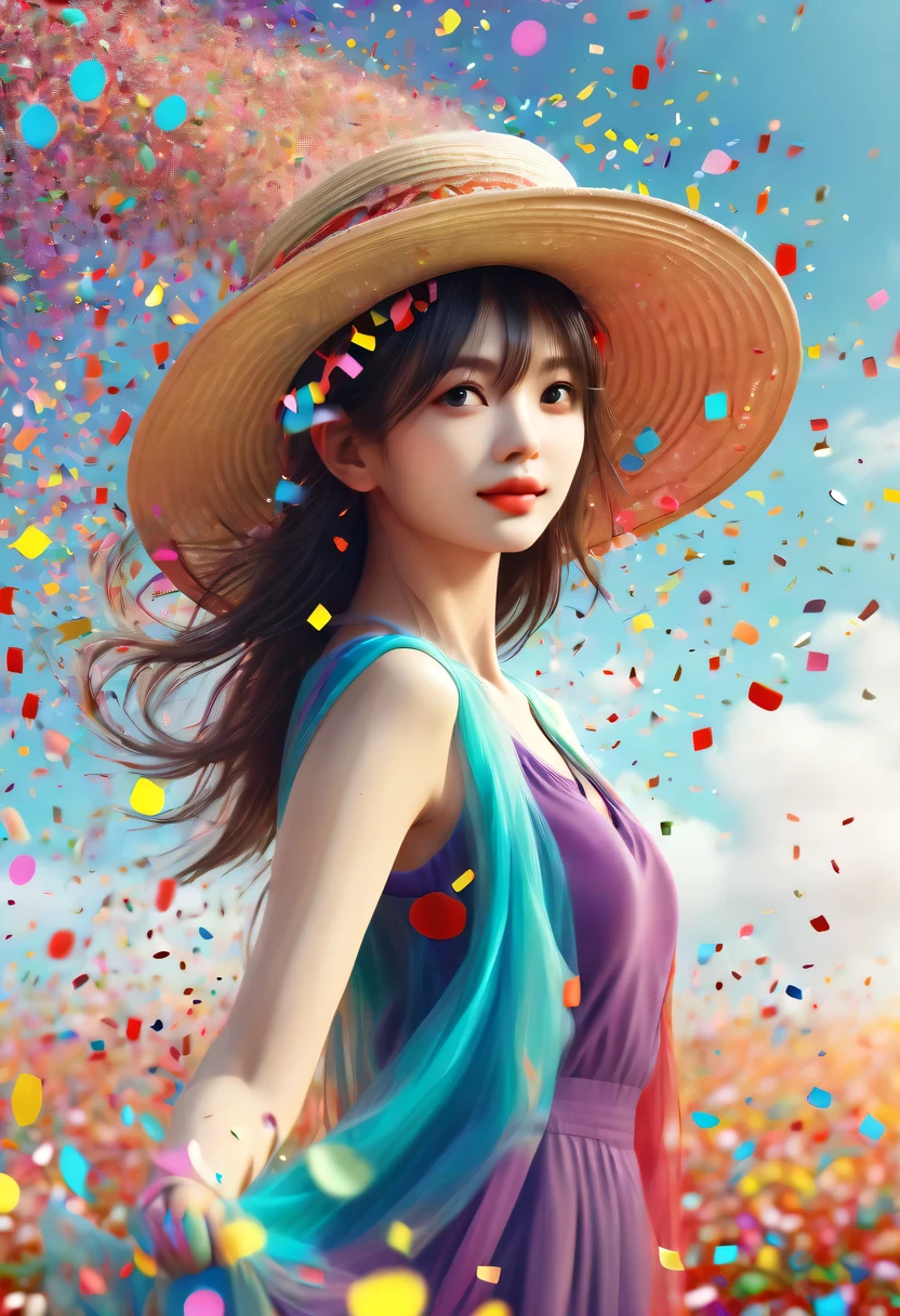 (Beautiful girl wearing confetti straw hat:1.4)，(Colored confetti:1.5)，Colored confetti flying in the sky，Floating confetti fills the sky，scattered in the garden，hyper detailed masterpiece, Dynamic, good quality,Floating Extra Large Ethereal Colorful Heart DonMW15pXL