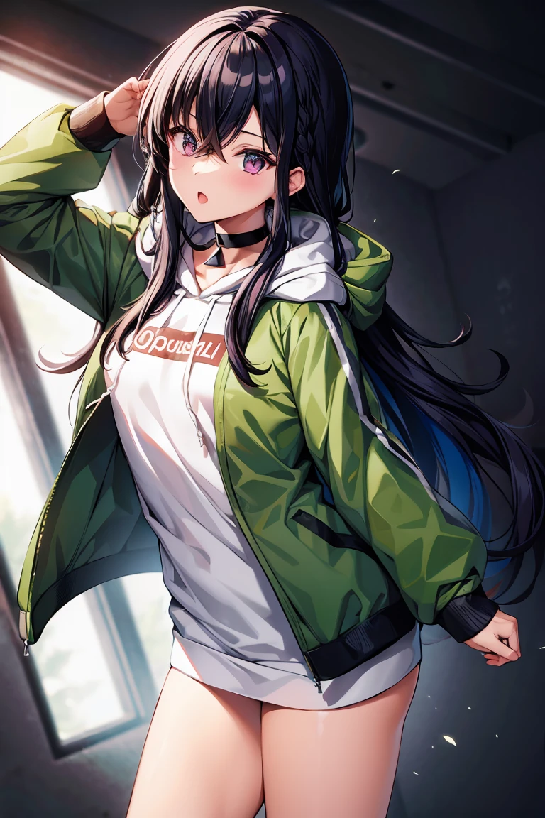 1 girl, alone, aura, long hair, colorful hair, black choker, white hoodie, Hood down, Green jacket, open jacket, bottomless, anime style, Pop style