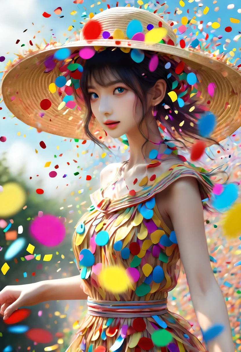 (Beautiful girl wearing confetti straw hat:1.4)，(Colored confetti:1.5)，Colored confetti flying in the sky，Floating confetti fills the sky，scattered in the garden，hyper detailed masterpiece, Dynamic, good quality,Floating Extra Large Ethereal Colorful Heart DonMW15pXL