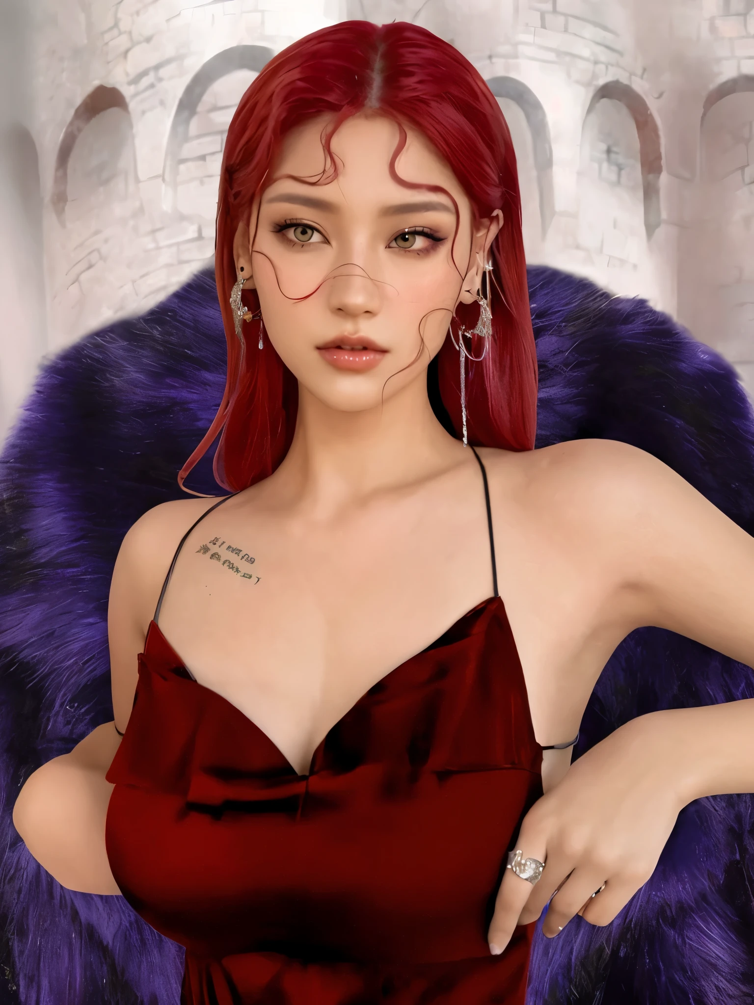 arafed woman in a red dress posing for a picture, realistic artstyle, in the art style of bowater, realism artstyle, portrait sophie mudd, red haired goddess, sultry digital painting, with red hair, inspired by Yanjun Cheng, sensual gloomy style, purple and red, photorealistic artstyle, red and purple, looks a blend of grimes