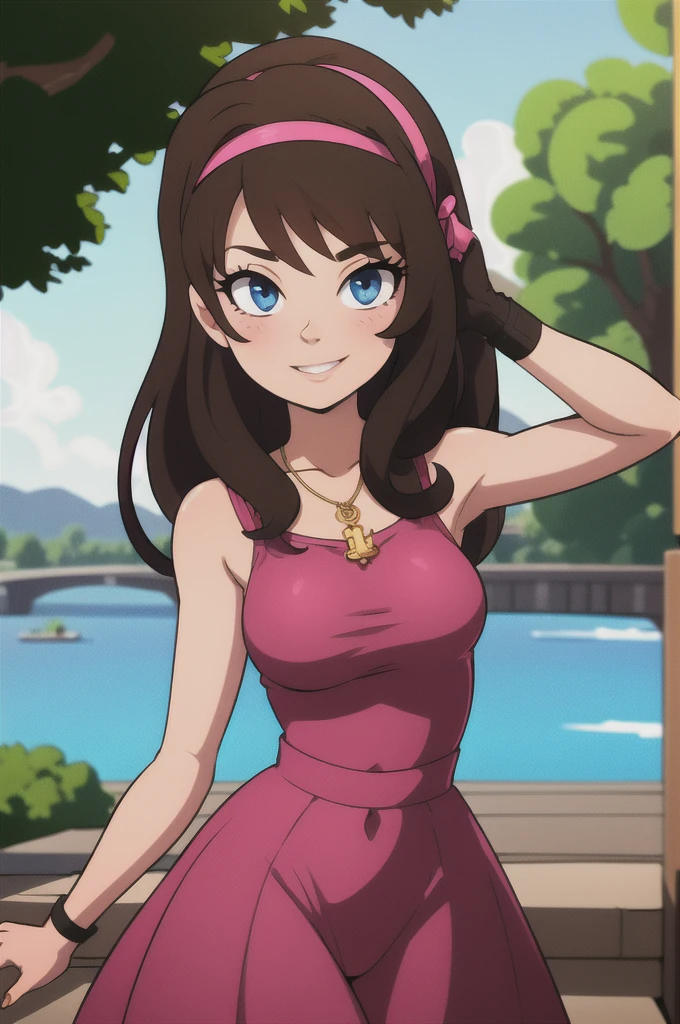 1 girl, solo, brown hair, long medium hair, pink Hairband, blue eyes, bare arms, pink maxi dress, little pink dress, golden necklace, smile, cowboy shot, standing at a bridge, close-up-view, intricate details, sharp focus, high resolution, the background of beautiful flower park with trees and canals, beautiful sunny day, anime, masterpiece, very high resolution.