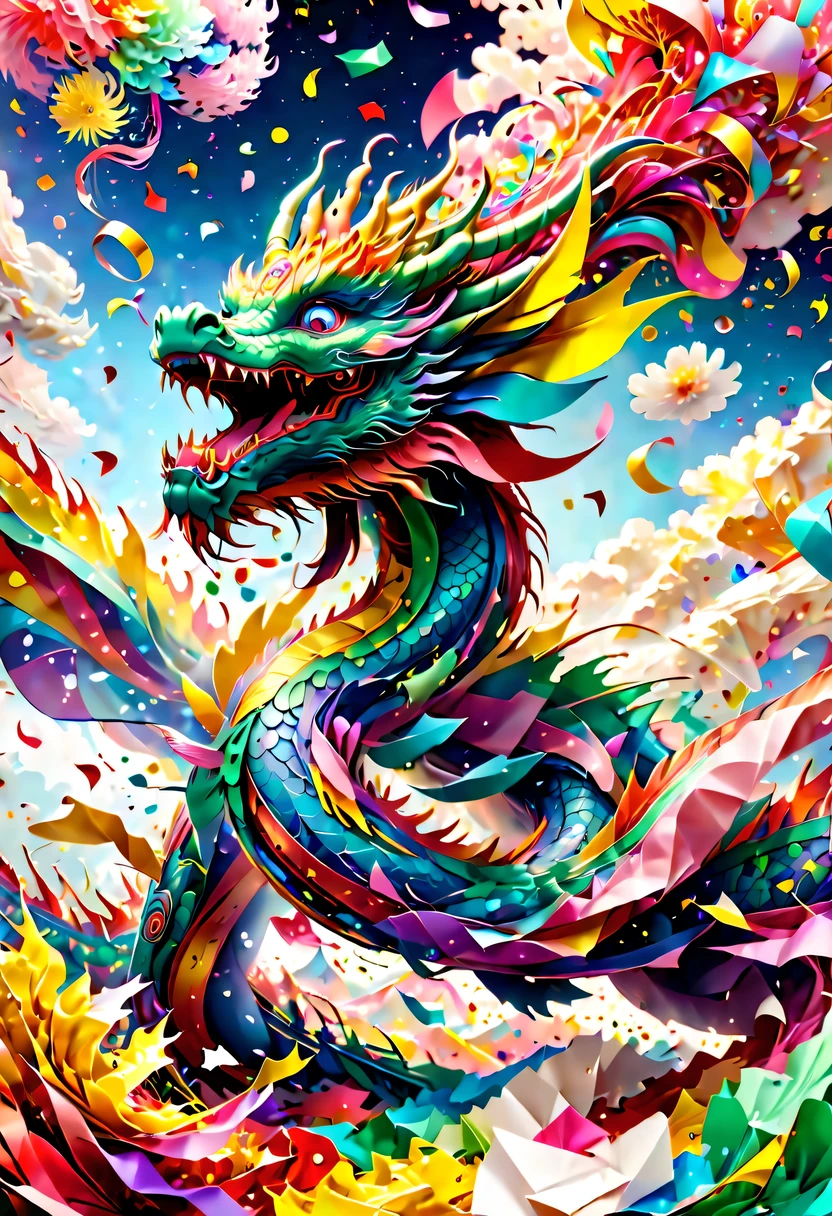 Colored confetti:1.5,Colored confetti flying in the sky,Floating confetti fills the sky,in scraps of paper,hyper detailed masterpiece, Dynamic, good quality,Floating ethereal colorful Chinese dragon baby