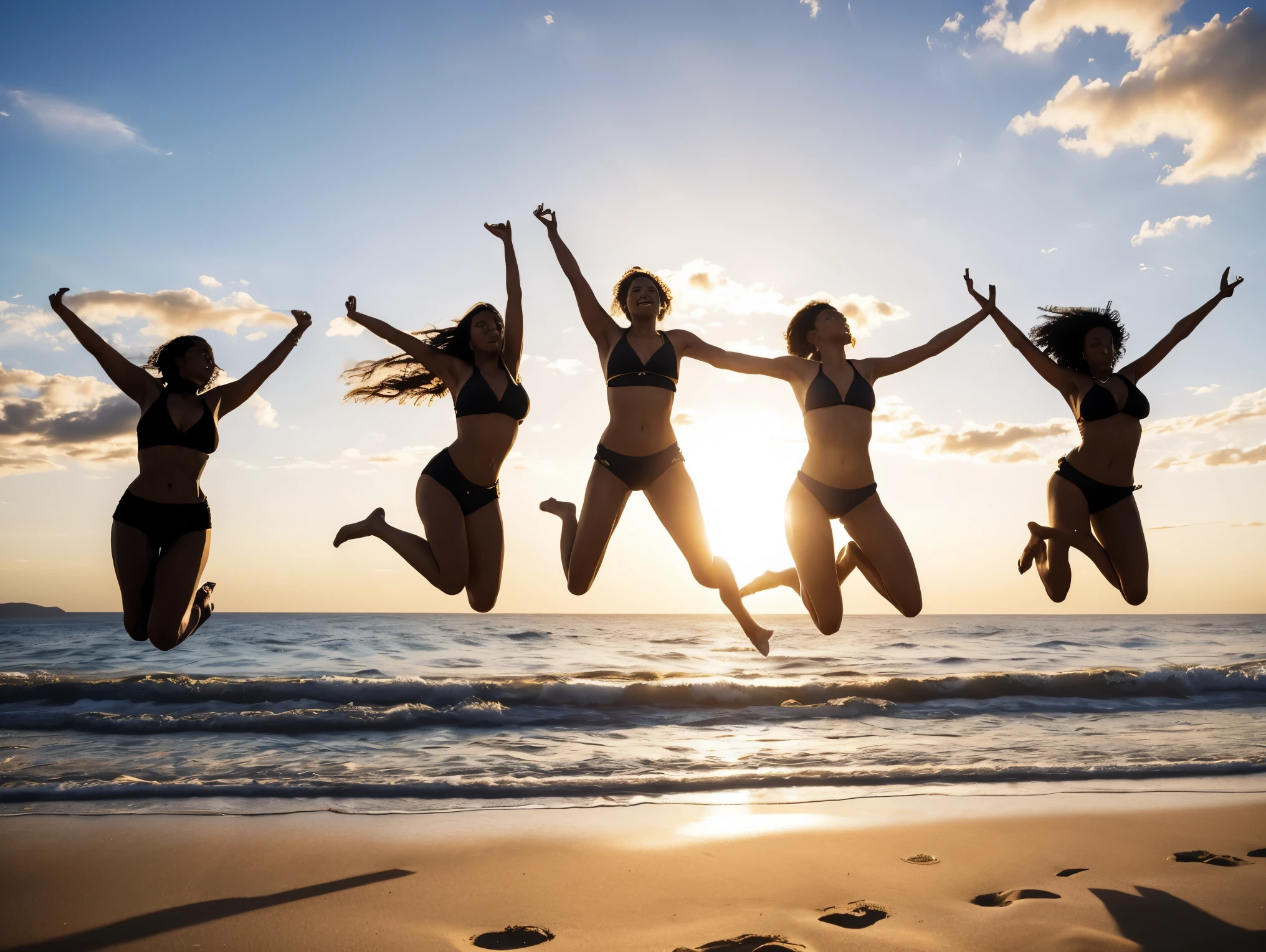 golden hour, silhouettes of 3 ultra hot gorgeous European woman, age 23, jumping up on the beach for a photograph. Masterpiece, UHD.