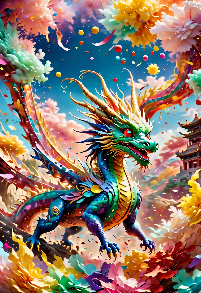 Colored confetti:1.5，Colored confetti flying in the sky，Floating confetti fills the sky，in scraps of paper，hyper detailed masterpiece, Dynamic, good quality,Floating ethereal colorful Chinese dragon baby