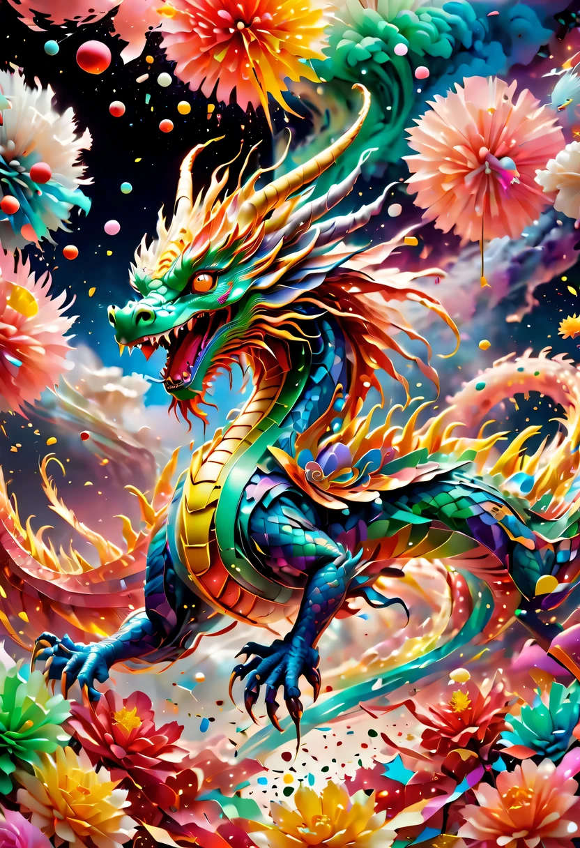 Colored confetti:1.5,Colored confetti flying in the sky,Floating confetti fills the sky,in scraps of paper,hyper detailed masterpiece, Dynamic, good quality,Floating ethereal colorful Chinese dragon baby
