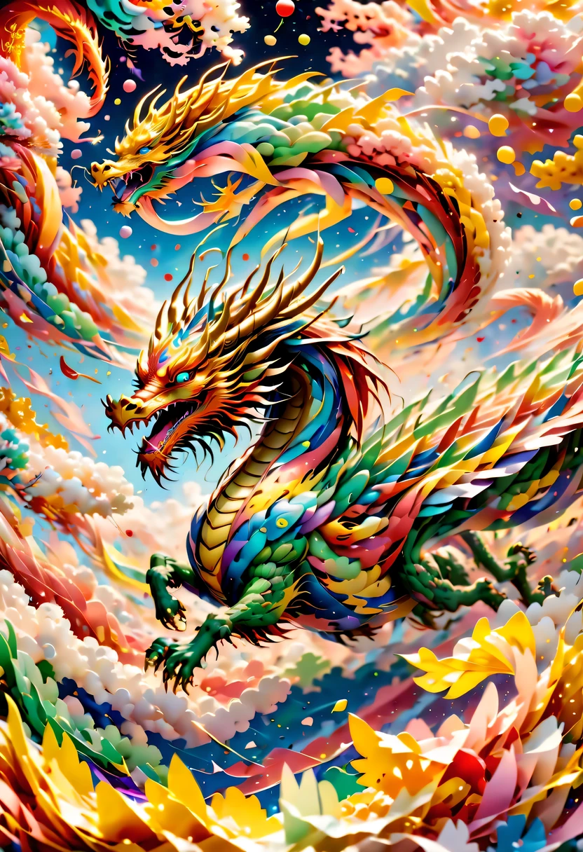 Colored confetti:1.5,Colored confetti flying in the sky,Floating confetti fills the sky,in scraps of paper,hyper detailed masterpiece, Dynamic, good quality,Floating ethereal colorful Chinese dragon baby