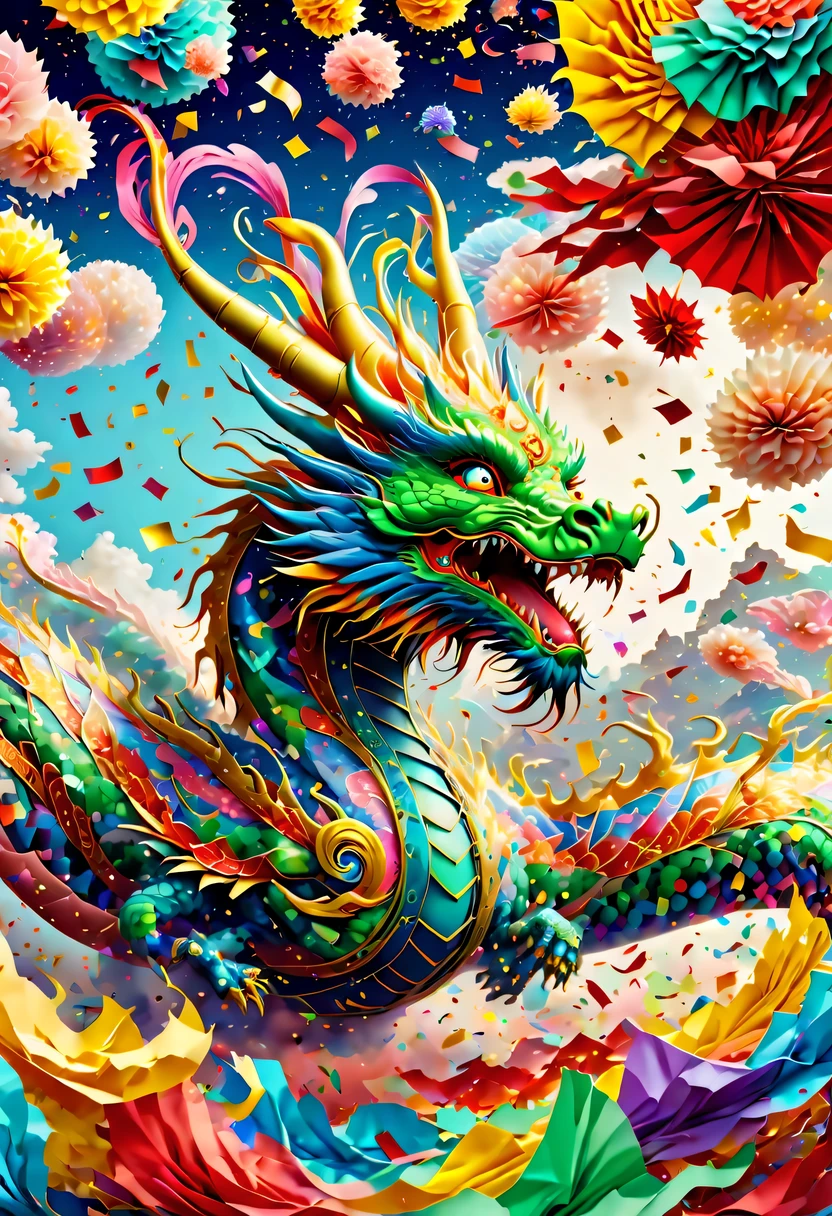 Colored confetti:1.5，Colored confetti flying in the sky，Floating confetti fills the sky，in scraps of paper，hyper detailed masterpiece, Dynamic, good quality,Floating ethereal colorful Chinese dragon baby