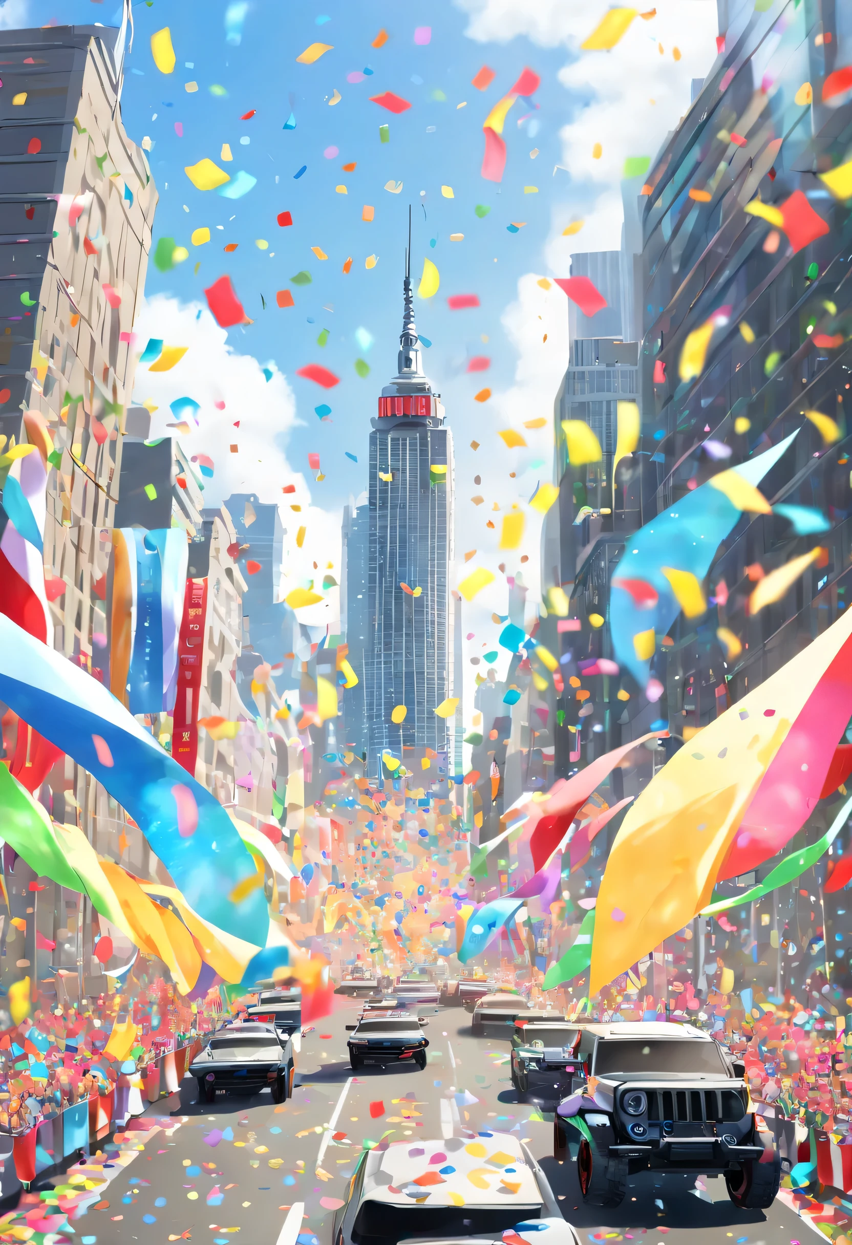 Victory Parade on Manhattan's Main Street, a large crowd gathers, (An incredible amount of confetti falls from the sky:1.3), skyscraper, Smiling athletes waving from the top of the car
