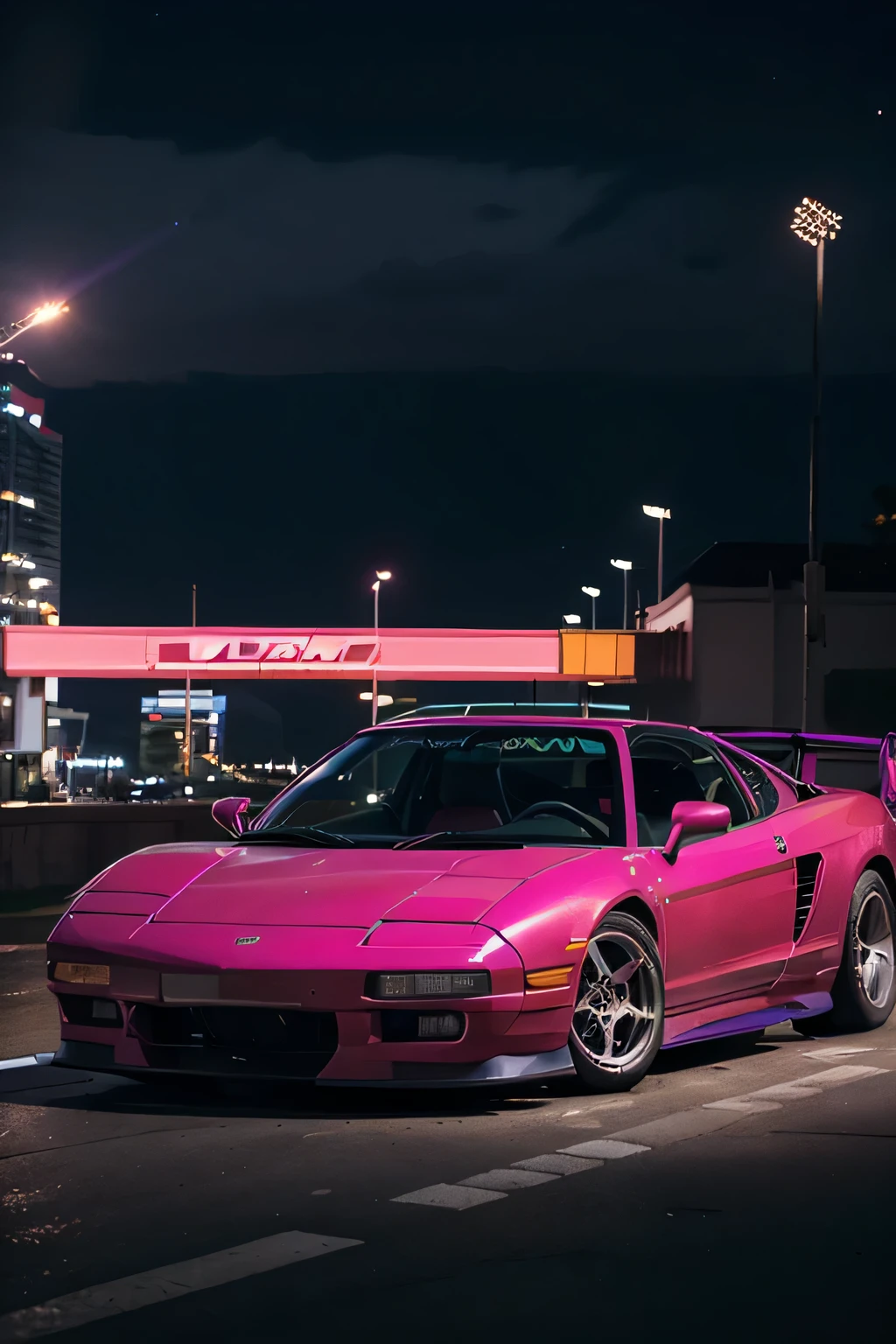 ciudad , honda nsx 1995 deriva, Camino, purple neon lights, (Obra maestra, detallado, Maximums , 2560 x1080 resolution),