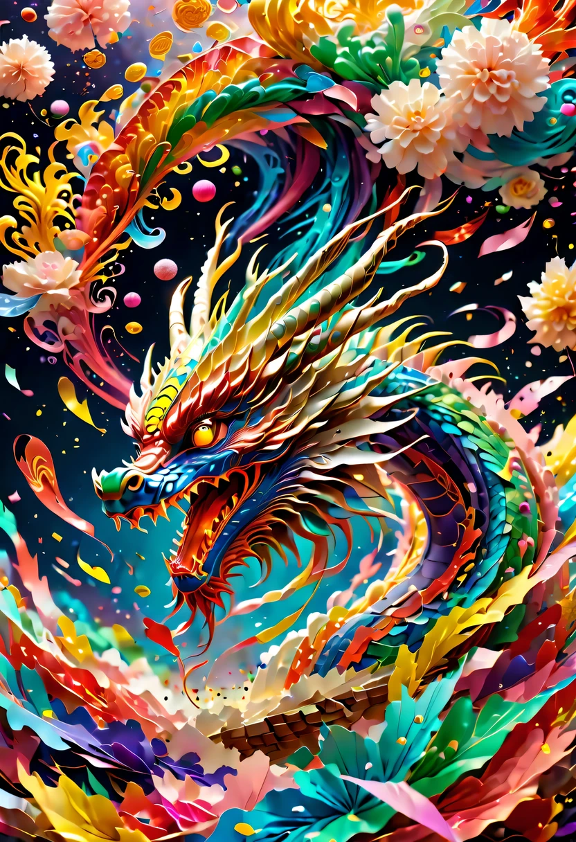 Colored confetti:1.5,Colored confetti flying in the sky,Floating confetti fills the sky,in scraps of paper,hyper detailed masterpiece, Dynamic, good quality,Floating ethereal colorful Chinese dragon