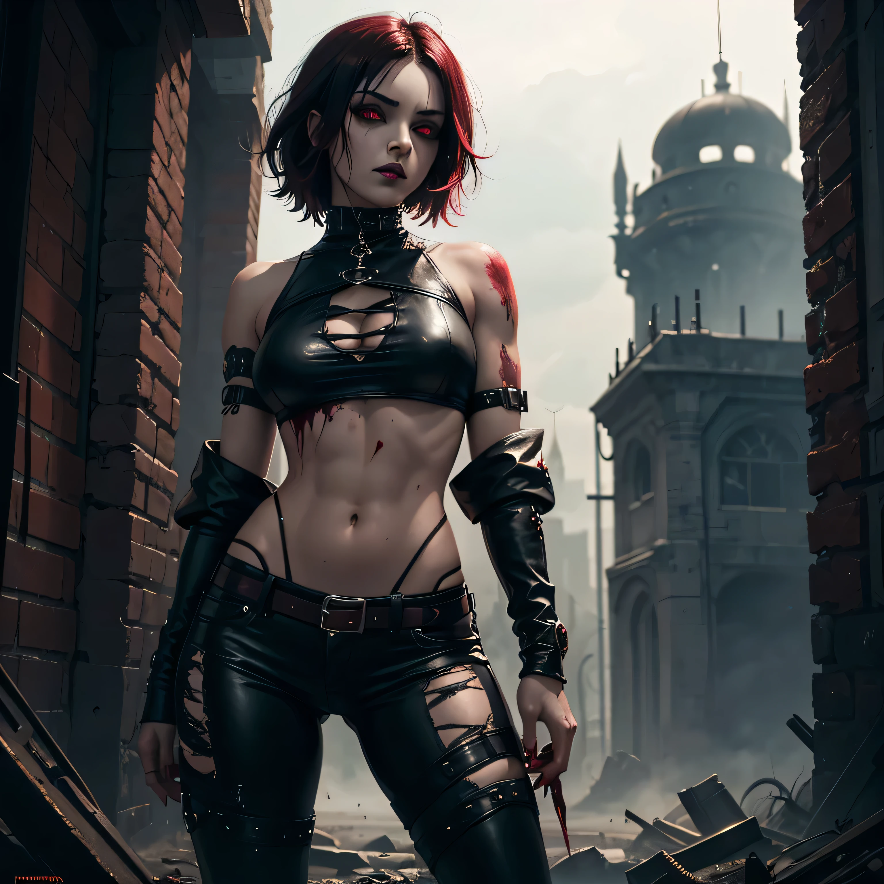 1girl, heavy goth makeup, fantasy character, cyberpunk horror, dark fantasy, navel, gothic mage, dark red eyes, bloody eyes, wounded, muscular abdomen, dripping blood, bloody leather cropped top, leather pants, sensual