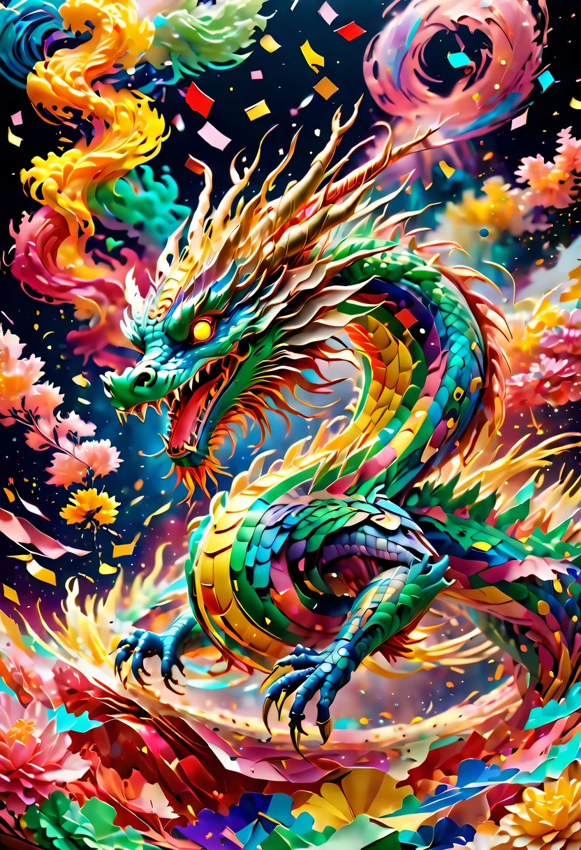 Colored confetti:1.5，Colored confetti flying in the sky，Floating confetti fills the sky，in scraps of paper，hyper detailed masterpiece, Dynamic, good quality,Floating ethereal colorful Chinese dragon