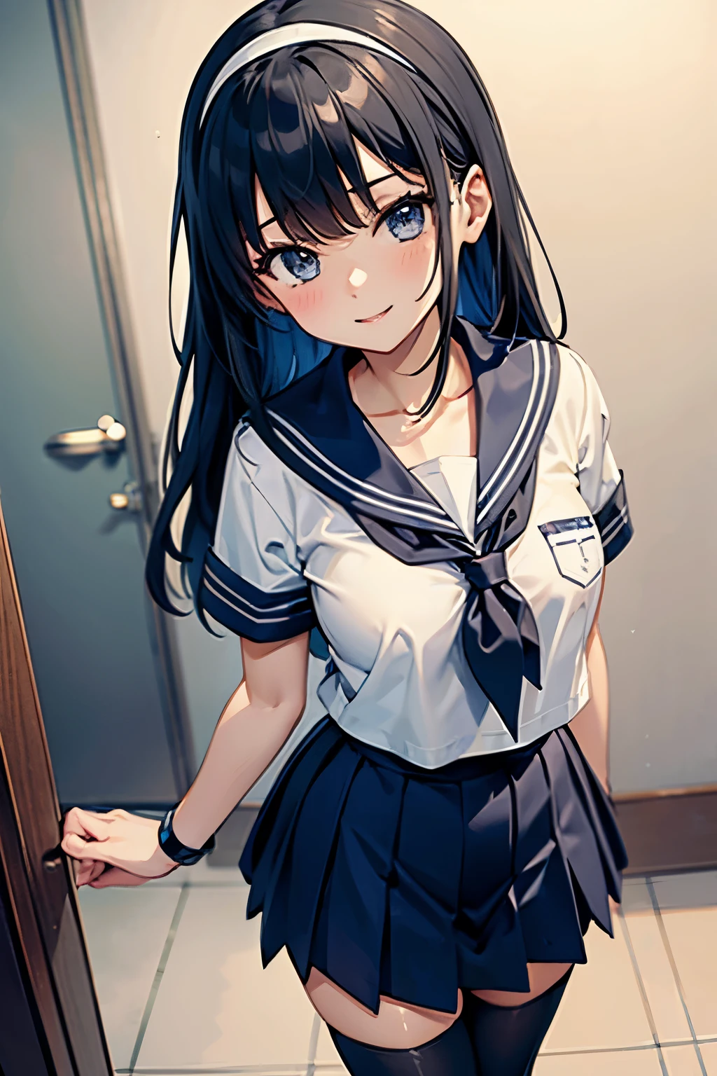 High school girl in sailor suit, anime 2d rendering, white headband, smile, black hair, straight hair, navy blue sailor uniform, black stockings, 