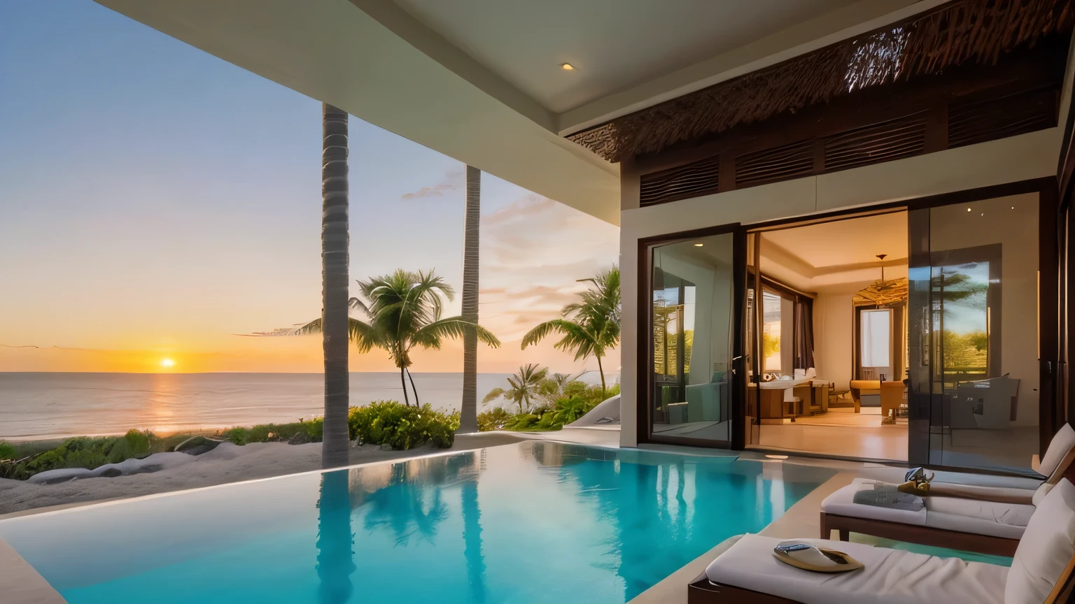 Tropical minimalistic mock-up, luxurious panoramic view at an exotic resort, villas elegantly arranged on the beautiful beach, contrasting against the vast turquoise seascape background, sun setting over the horizon, intricately detailed texture of the sand and villa facades, golden hour illuminating the scene, three-dimensional rendering showcasing the opulent lifestyle, Villa's terraces boasting fabulous ocean views, villas adorned with lush greenery and modern architecture, captivating a sense of tranquility and relaxation, masterpiece, highest quality, meticulously detailed textures and reflections, sharply focused and vibrant colors, immersive and lif