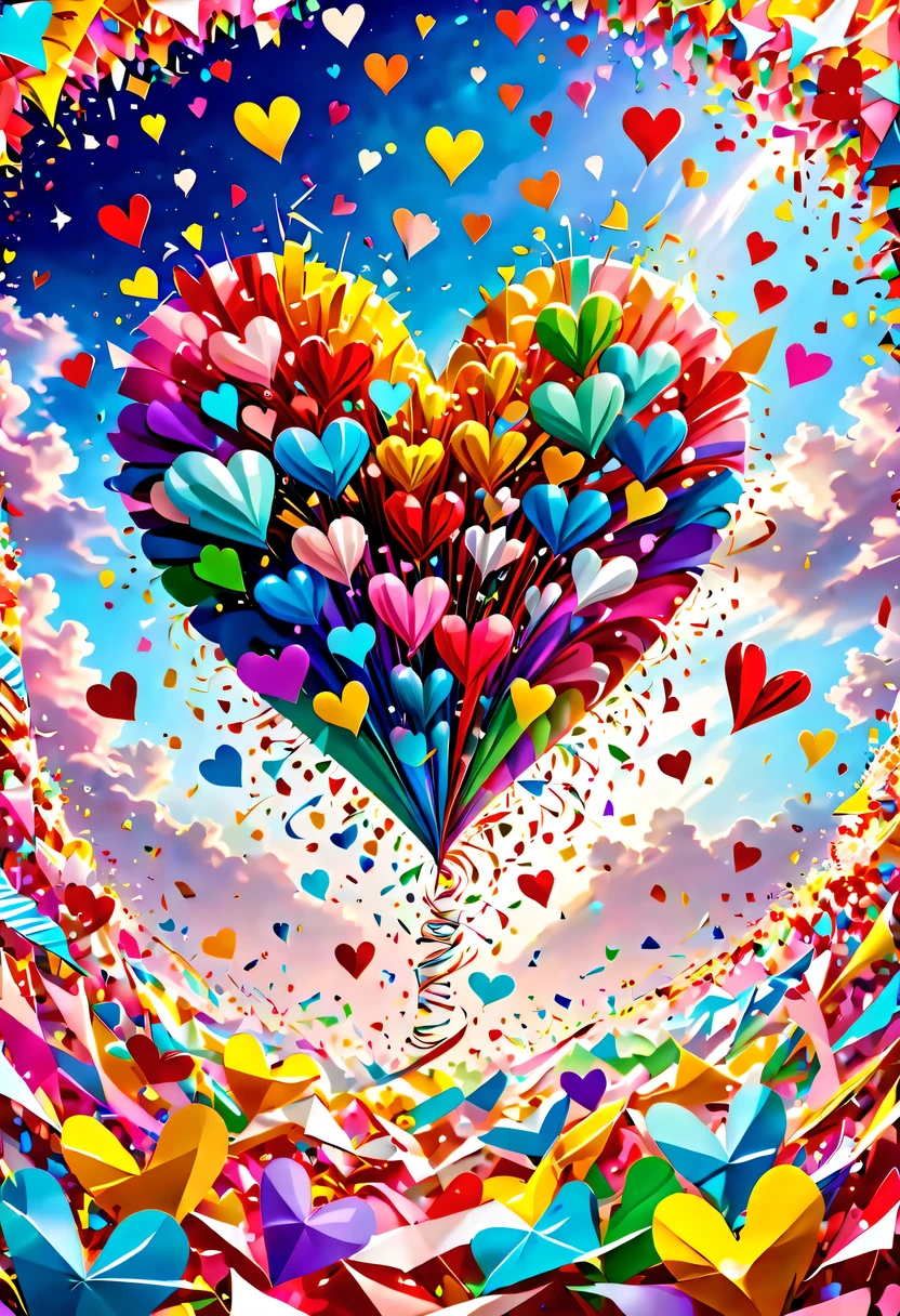 Colored confetti:1.5,Colored confetti flying in the sky,Floating confetti fills the sky,in scraps of paper,hyper detailed masterpiece, Dynamic, good quality,Floating Extra Large Ethereal Colorful Heart DonMW15pXL