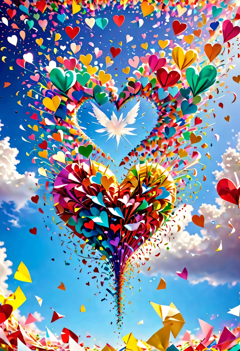 Colored confetti:1.5，Colored confetti flying in the sky，Floating confetti fills the sky，in scraps of paper，hyper detailed masterpiece, Dynamic, good quality,Floating Extra Large Ethereal Colorful Heart DonMW15pXL