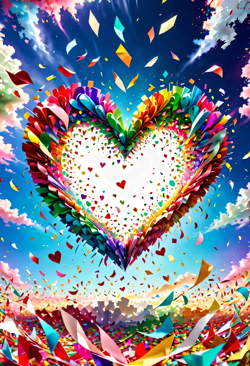 Colored confetti:1.5，Colored confetti flying in the sky，Floating confetti fills the sky，in scraps of paper，hyper detailed masterpiece, Dynamic, good quality,Floating Extra Large Ethereal Colorful Heart DonMW15pXL