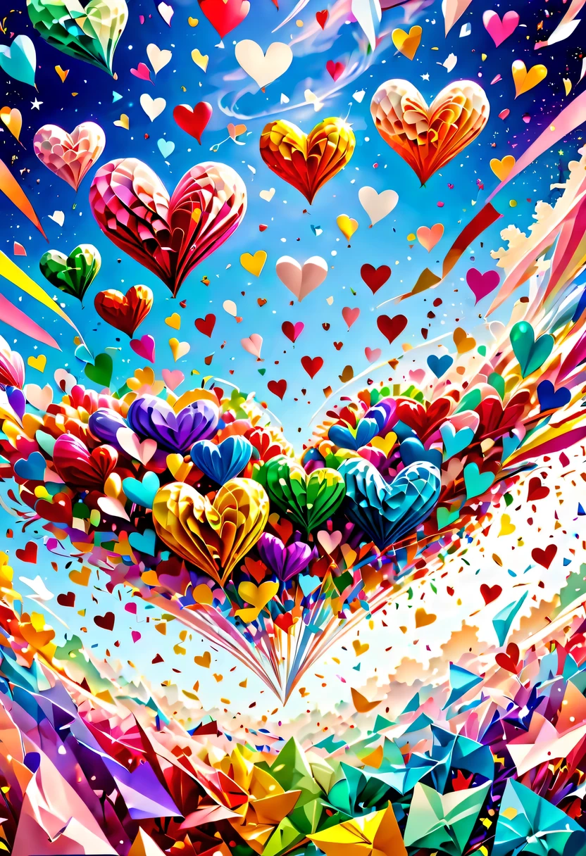 Colored confetti:1.5，Colored confetti flying in the sky，Floating confetti fills the sky，in scraps of paper，hyper detailed masterpiece, Dynamic, good quality,Floating Extra Large Ethereal Colorful Heart DonMW15pXL