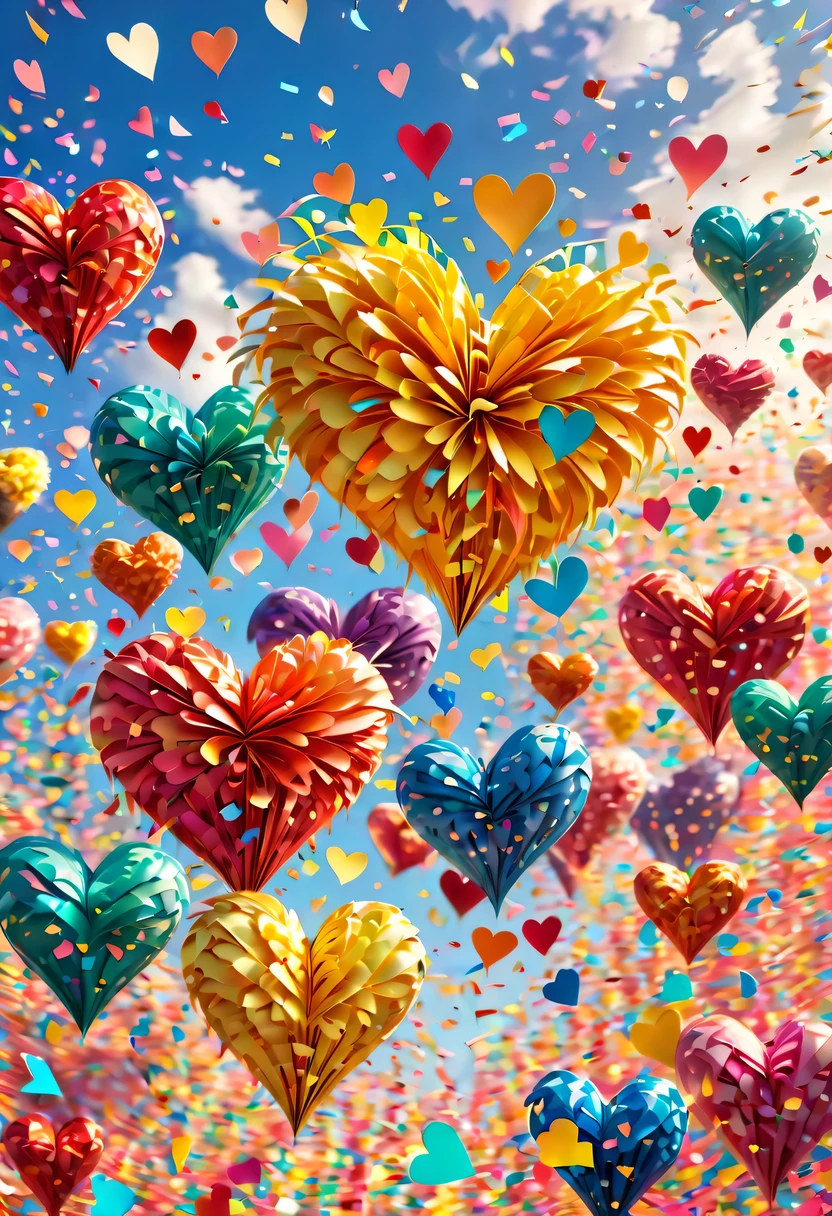 Colored confetti:1.5，Colored confetti flying in the sky，Floating confetti fills the sky，in scraps of paper，hyper detailed masterpiece, Dynamic, good quality,Floating Extra Large Ethereal Colorful Heart DonMW15pXL
