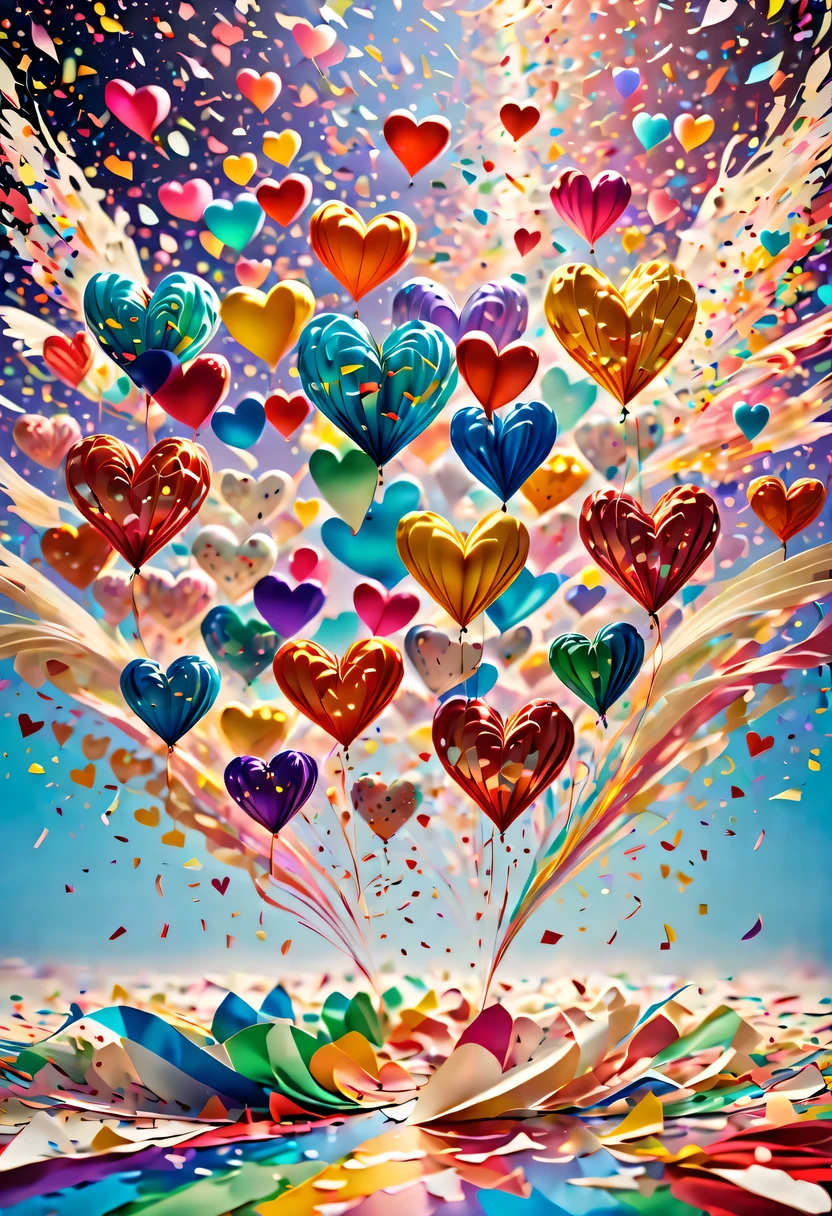 Colored confetti:1.5,Colored confetti flying in the sky,Floating confetti fills the sky,in scraps of paper,hyper detailed masterpiece, Dynamic, good quality,Floating Extra Large Ethereal Colorful Heart DonMW15pXL