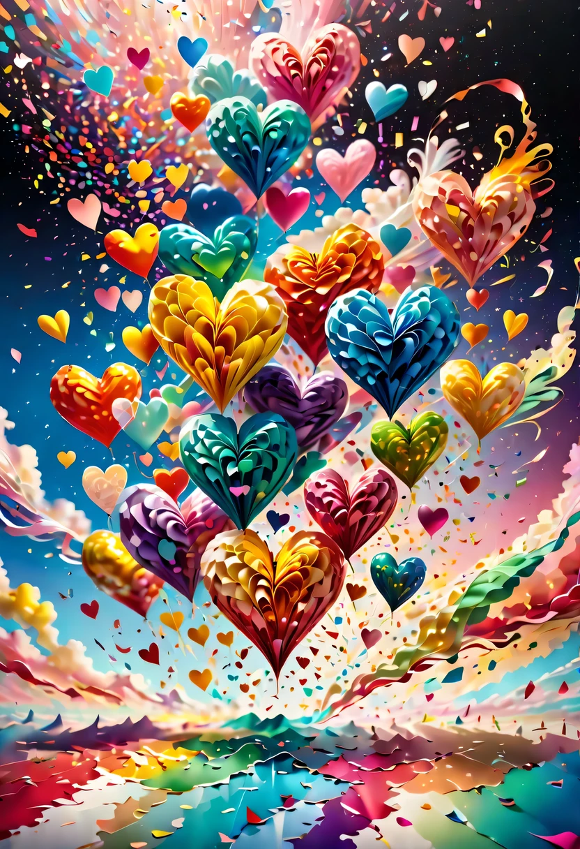 Colored confetti:1.5,Colored confetti flying in the sky,Floating confetti fills the sky,in scraps of paper,hyper detailed masterpiece, Dynamic, good quality,Floating Extra Large Ethereal Colorful Heart DonMW15pXL