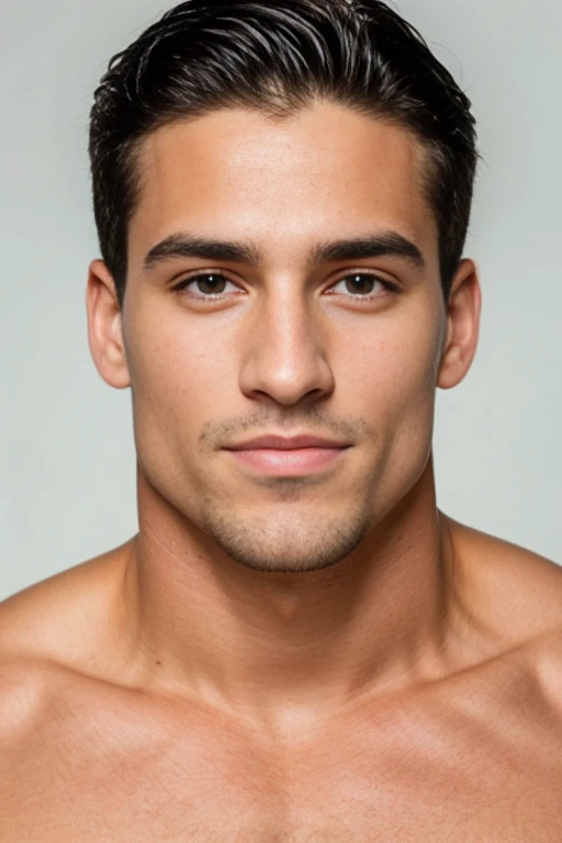 A close-up of a man with a very pretty chiseled jaw and chest.., Big biceps, Modelo de cara perfecta, with symmetrical facial features, Rasgos faciales atractivos, cara perfecta, cara impecable, rasgos faciales perfectos, Perfect symmetrical cleansing of the face, Rostro ricamente definido, Clean and beautiful symmetrical face, Attractive symmetrical face, cara y ojos perfectos de color azul. pelo rubio oscuro