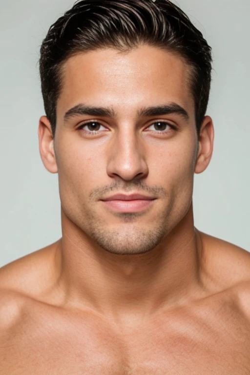 A close-up of a man with a very pretty chiseled jaw and chest.., Big biceps, Modelo de cara perfecta, with symmetrical facial features, Rasgos faciales atractivos, cara perfecta, cara impecable, rasgos faciales perfectos, Perfect symmetrical cleansing of the face, Rostro ricamente definido, Clean and beautiful symmetrical face, Attractive symmetrical face, cara y ojos perfectos de color azul. pelo rubio oscuro