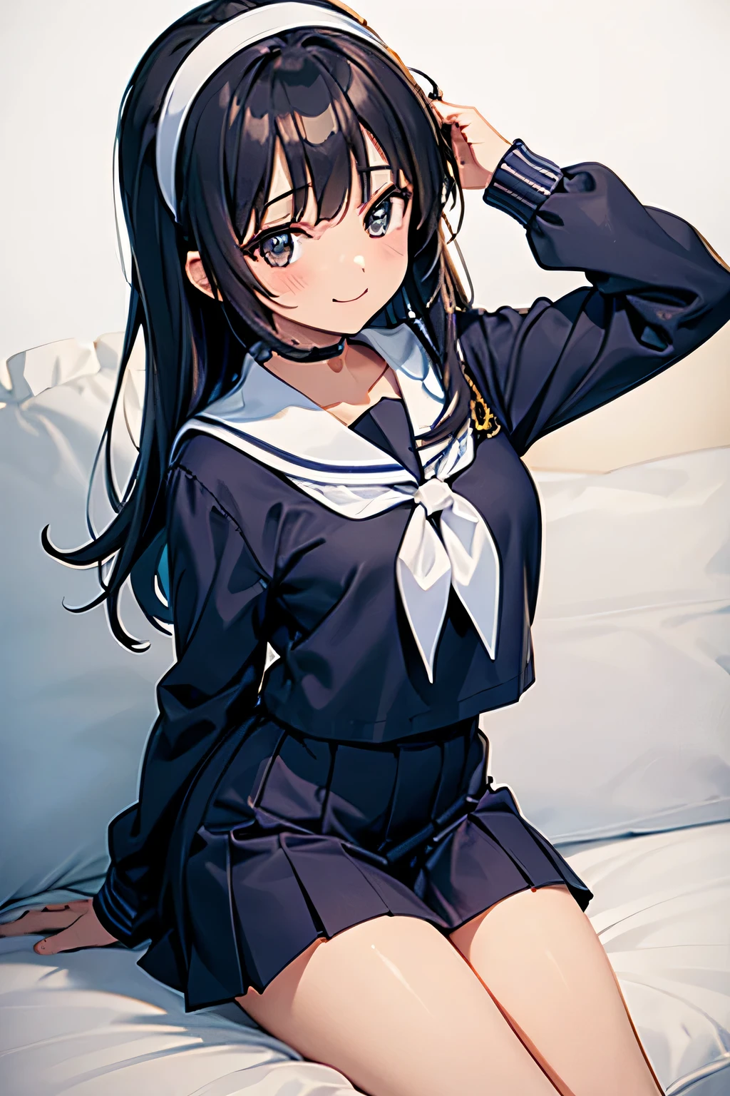 High school girl in sailor suit, anime 2d rendering, white headband, smile, black hair, straight hair, navy blue sailor uniform, black stockings, 