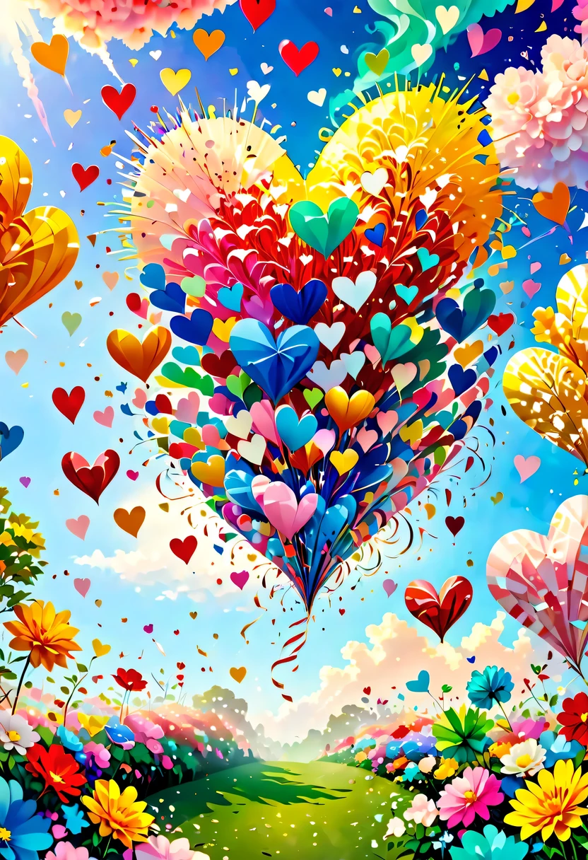 Colored confetti:1.5,Colored confetti flying in the sky,Floating confetti fills the sky,The garden is littered with confetti,in scraps of paper,hyper detailed masterpiece, Dynamic, good quality,Floating Extra Large Ethereal Colorful Heart DonMW15pXL