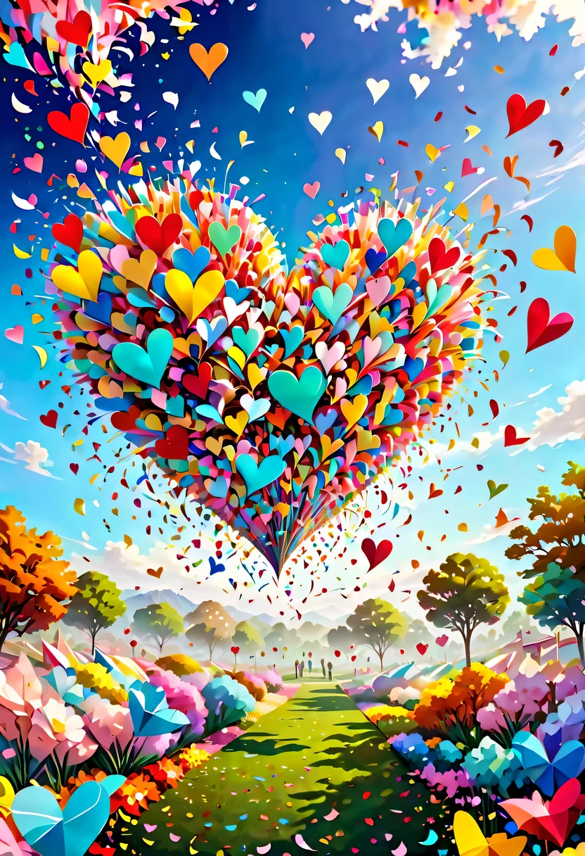 Colored confetti:1.5，Colored confetti flying in the sky，Floating confetti fills the sky，The garden is littered with confetti，in scraps of paper，hyper detailed masterpiece, Dynamic, good quality,Floating Extra Large Ethereal Colorful Heart DonMW15pXL