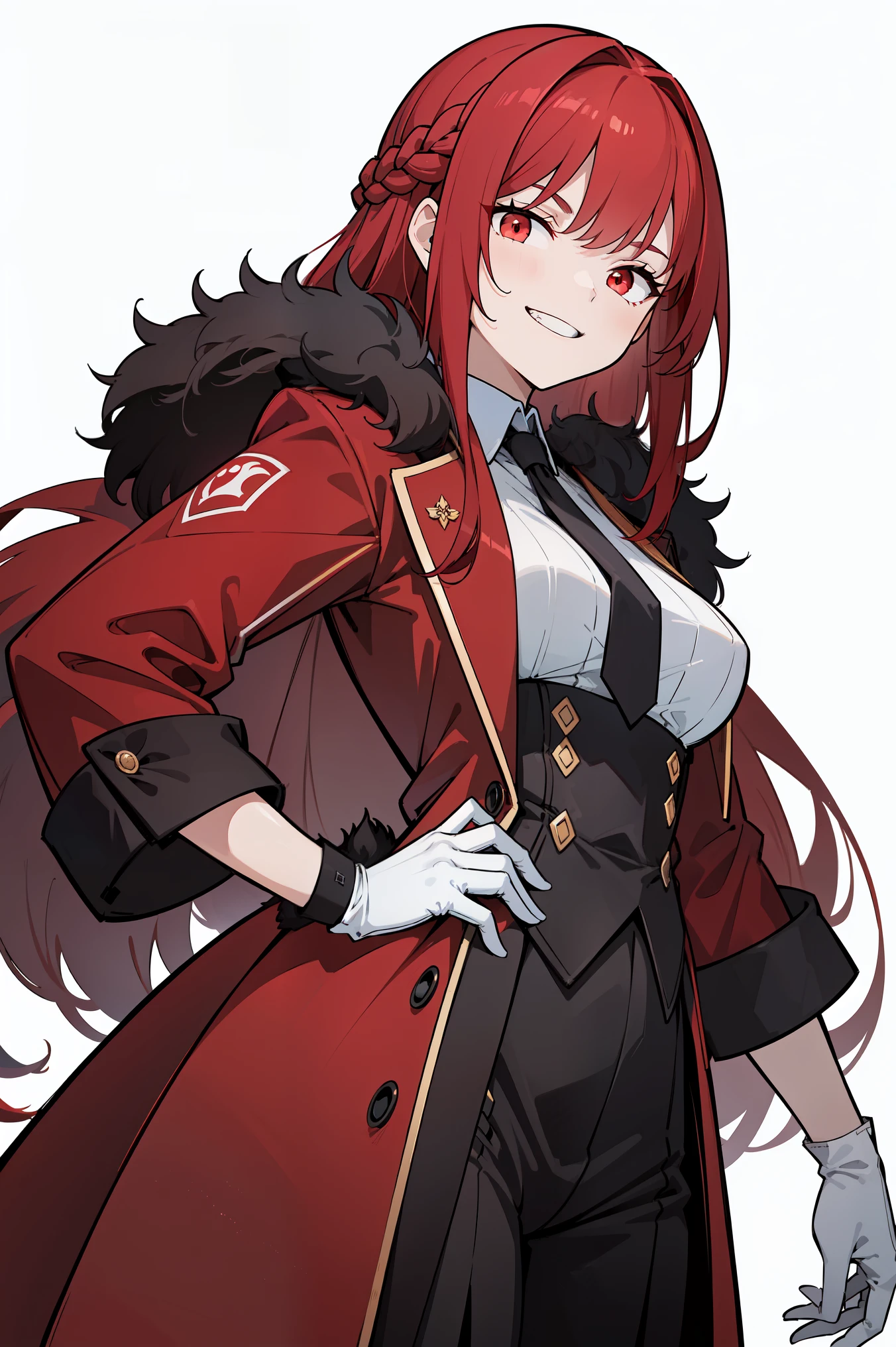 masterpiece, best quality, ultra high quality, high quality illustration, (from below), 1girl, solo, crimson red hair, very long hair, french braid, single sidelock, red eyes, glowing eyes, medium breasts, mature girl, grin, evil smile, shaded face, evil face, mischievous, coat on shoulders, fur trimmed coat, overcoat, black coat, white shirt, (gloves), looking at viewer, ((single hand on hip)), (glowing light), white background, simple background 