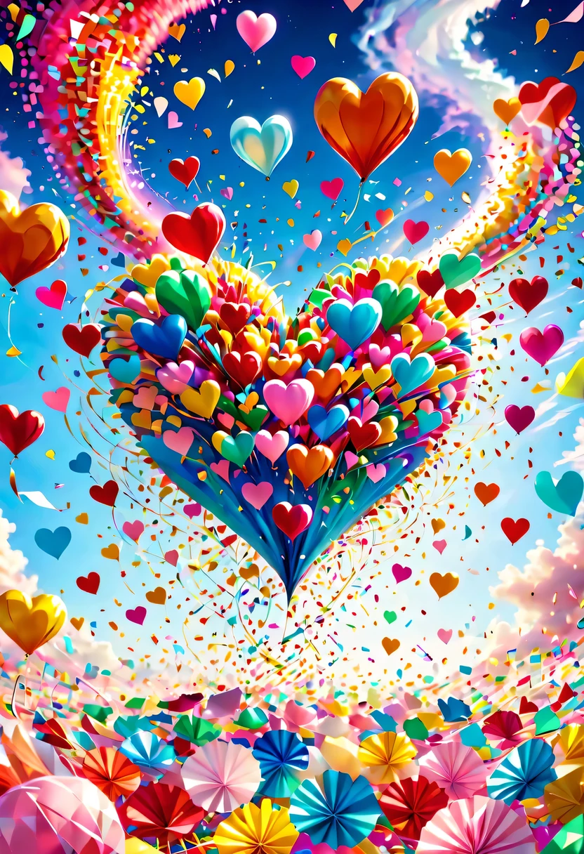 Colored confetti:1.5，Colored confetti flying in the sky，Floating confetti fills the sky，Confetti swirls and rises，hyper detailed masterpiece, Dynamic, good quality,Floating Extra Large Ethereal Colorful Heart DonMW15pXL