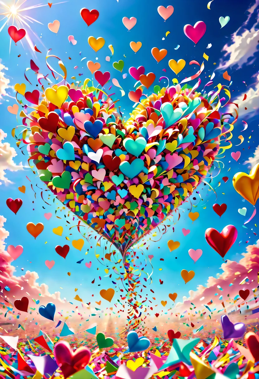 Colored confetti:1.5，Colored confetti flying in the sky，Floating confetti fills the sky，Confetti swirls and rises，hyper detailed masterpiece, Dynamic, good quality,Floating Extra Large Ethereal Colorful Heart DonMW15pXL