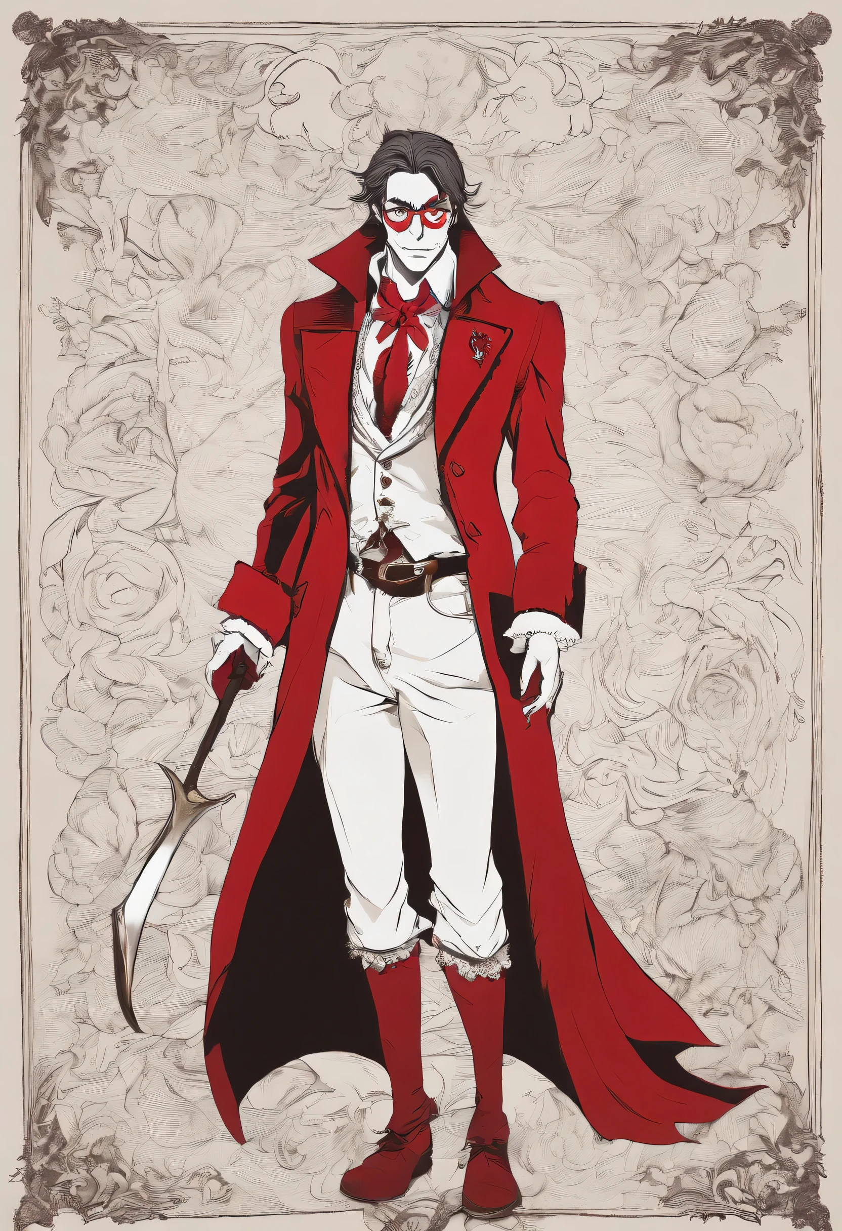 A light-skinned man with angular, striking features.
Olhos vermelhos intensos que brilham com uma aura de outro mundo.
Dentes afiados e caninos pronunciados, conveying a vampiric or demonic nature.
Um sombrero vermelho com detalhes escuros, como bordas desfiadas ou enfeites misteriosos.
Round glasses with yellow lenses, adding a touch of mystery and magic.
Um sobretudo vermelho aberto no meio, revealing a white button-down blouse with a red tie.
red pants and red shoes, creating a monochromatic aesthetic.
luvas brancas, com um pentagrama intrincado na luva direita, suggesting a connection with the occult.
In his hands, duas pistolas modelo Desert Eagle, adicionando um elemento de perigo e aventura.