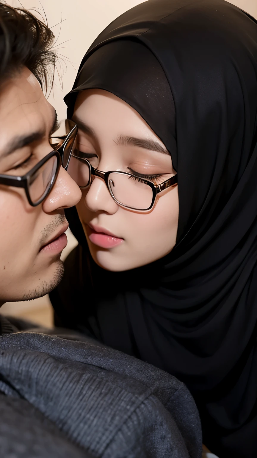 A high school girl wearing hijab, and glasses, kissing a man, closed eyes, detailed horny face