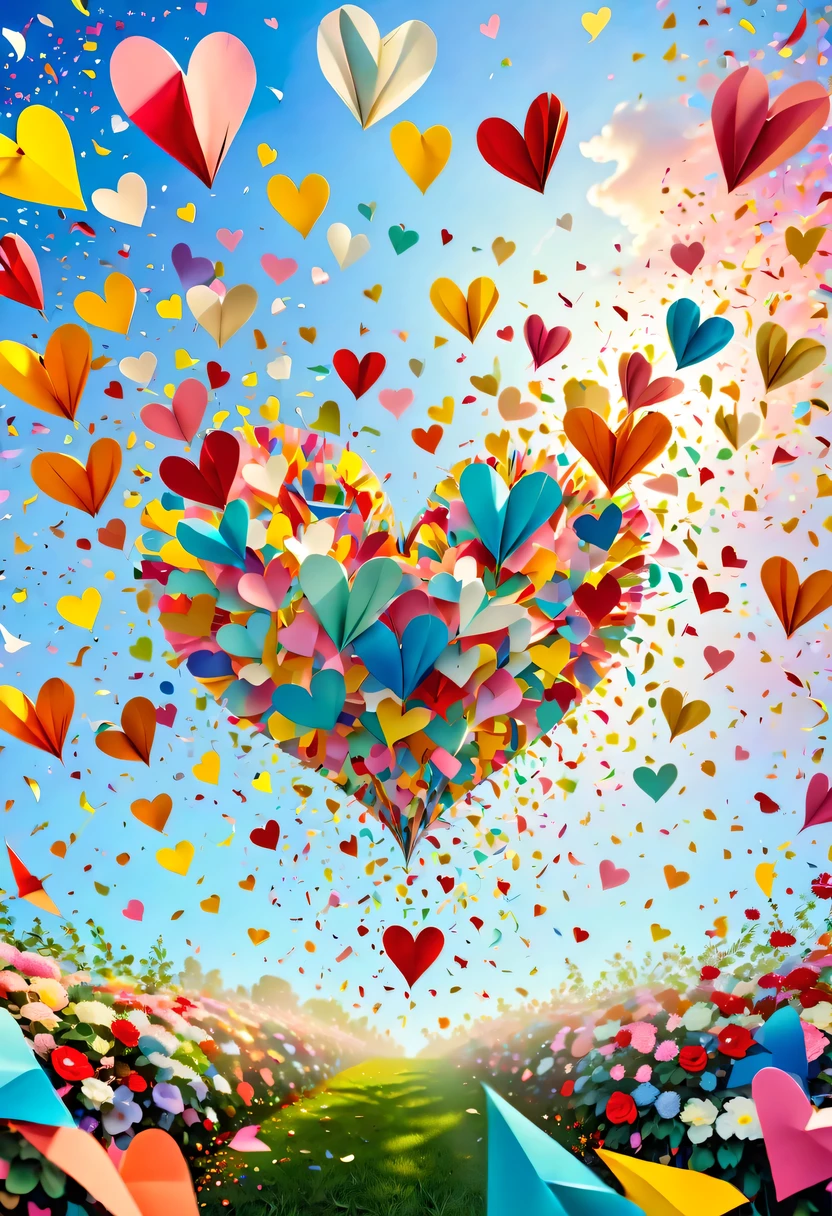 Colored confetti:1.5,Colored confetti flying in the sky,Floating confetti fills the sky,The garden is littered with confetti,in scraps of paper,hyper detailed masterpiece, Dynamic, good quality,Floating Extra Large Ethereal Colorful Heart DonMW15pXL