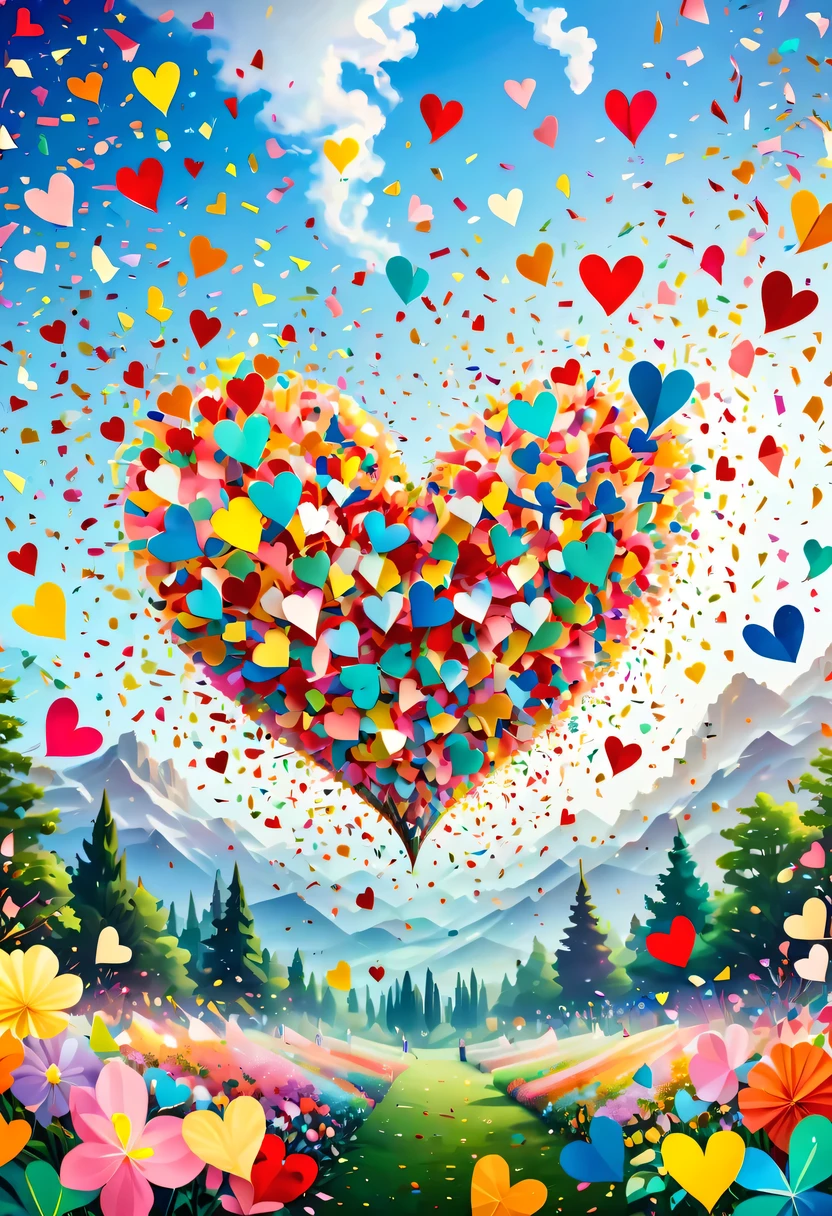Colored confetti:1.5,Colored confetti flying in the sky,Floating confetti fills the sky,The garden is littered with confetti,in scraps of paper,hyper detailed masterpiece, Dynamic, good quality,Floating Extra Large Ethereal Colorful Heart DonMW15pXL