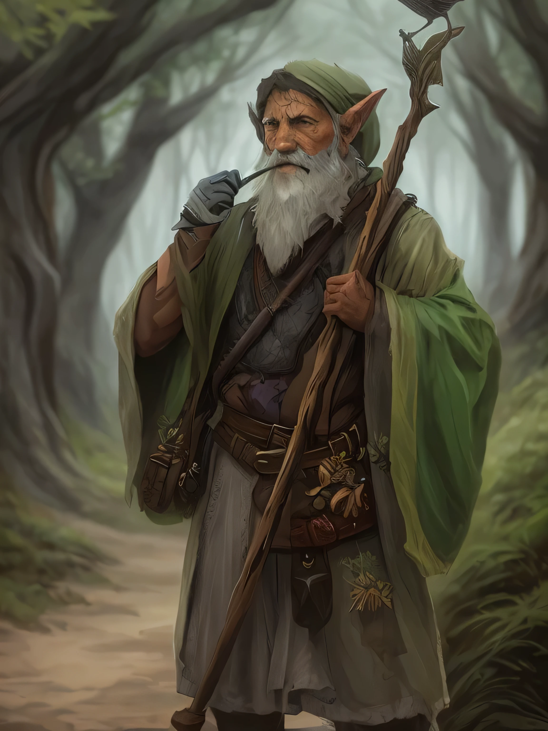 a closeup of a person with a bird on a stick, joven mago medio elfo, Retrato de un mago del bosque, retrato de un joven mago elfo, un elfo de mediana edad, Un druida, Asistente del tiempo de medio elfo, High fantasy concept art, Viejo archimago masculino, dnd fantasy character art, gnomo druida, fantasy character art, un retrato de un elfo