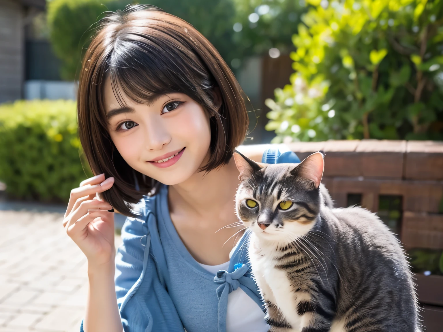 A face like Suzu Hirose、looking at the viewer、smiling、16 year old girl、chest bulge、bob hairstyle、Highest image quality、8k、There is a cat、